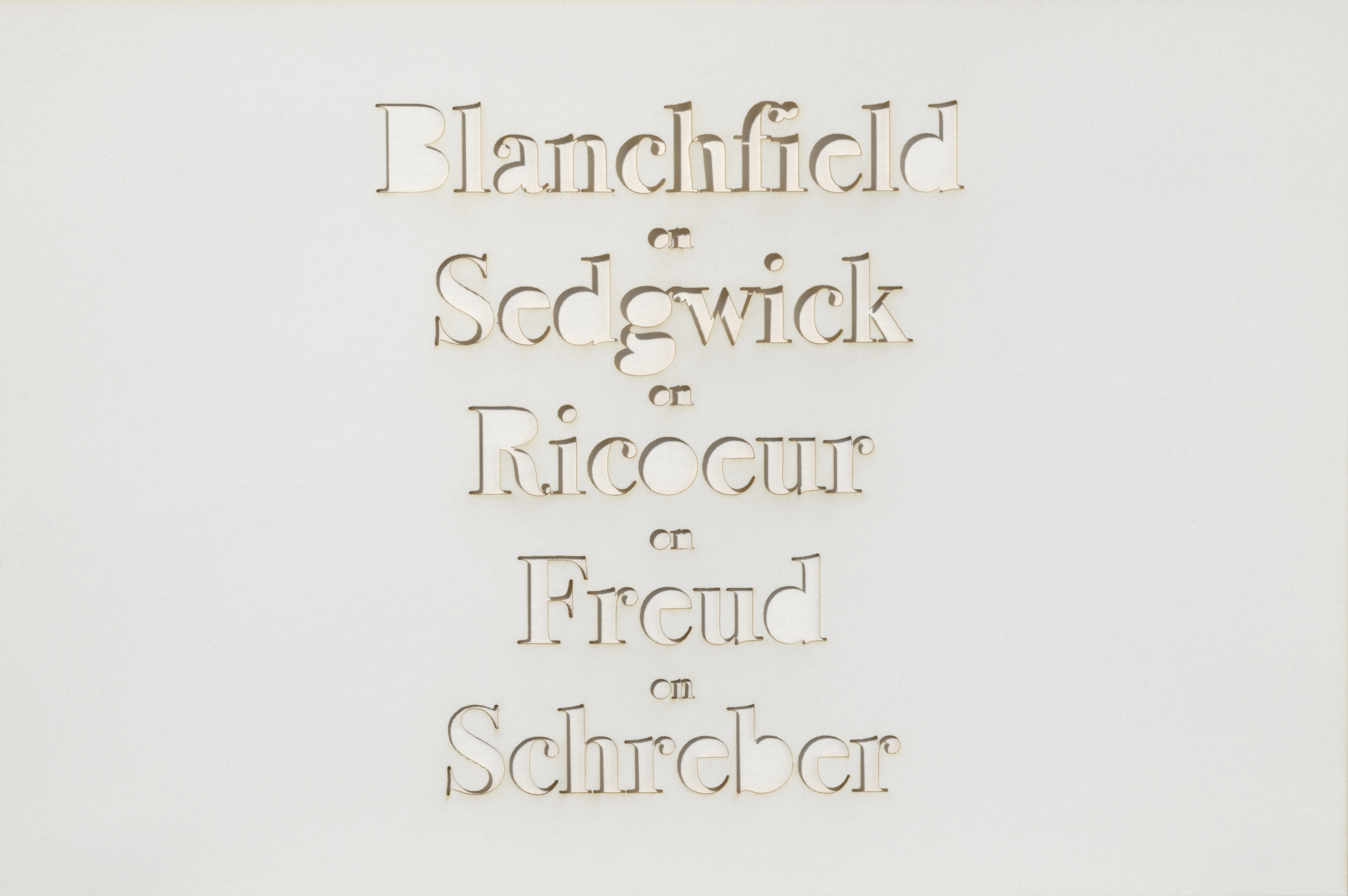 White background with words on top of one another created by buying the paper. The words from top to bottom read Blanchfield, Sedgwick, Ricoeur, Freud, and Schreber.