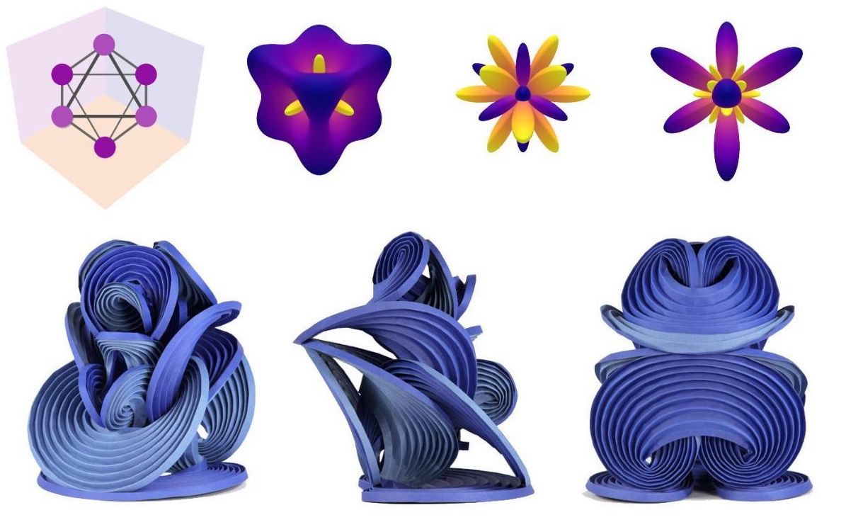 Collage of purple and blue atom sculptures and graphics.