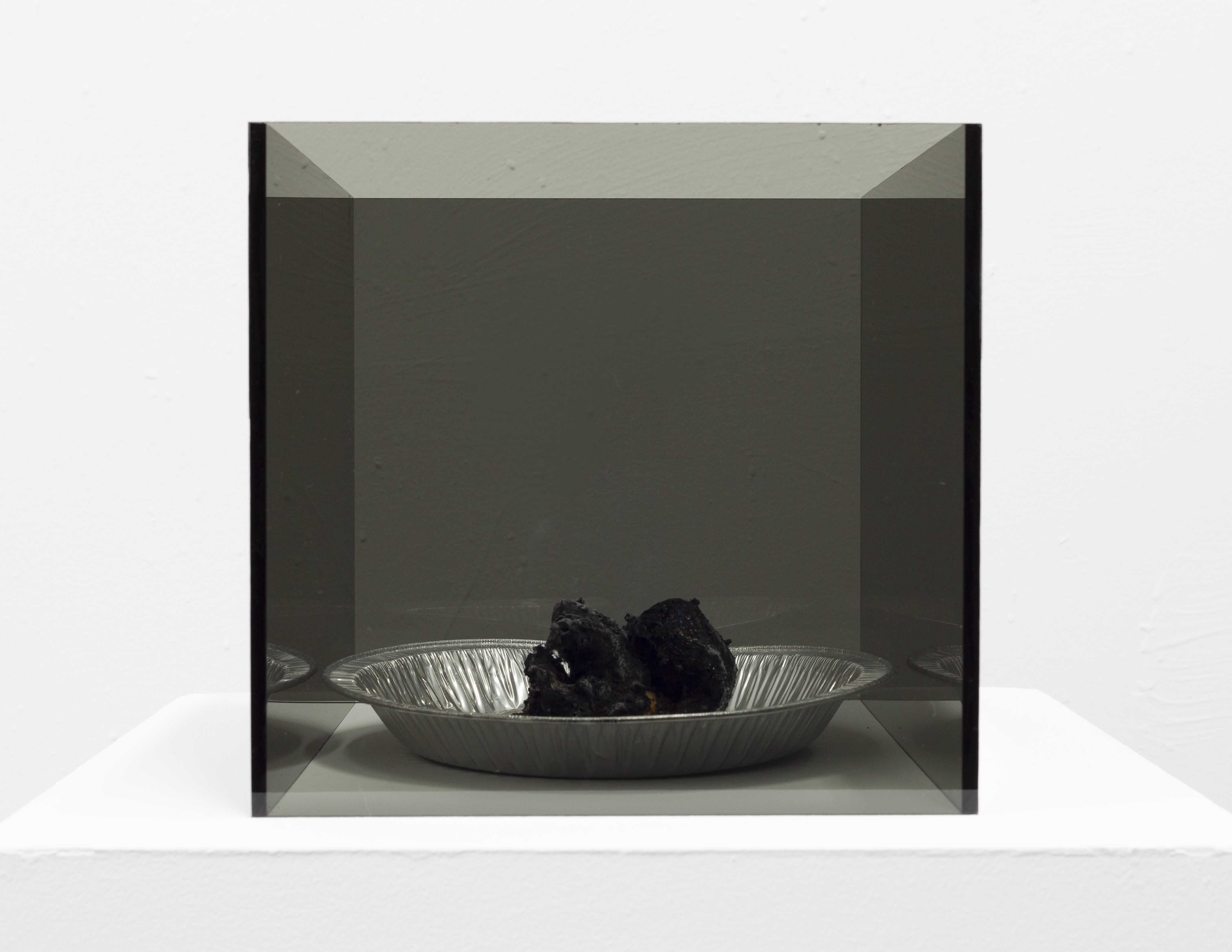 A smoke-grey transparent black plexiglass box with the top open contains the by-product of an exothermic reaction. The by-product is a solid black carbon form that has a serpent-like structure and sits inside an aluminum pie pan with black sand.