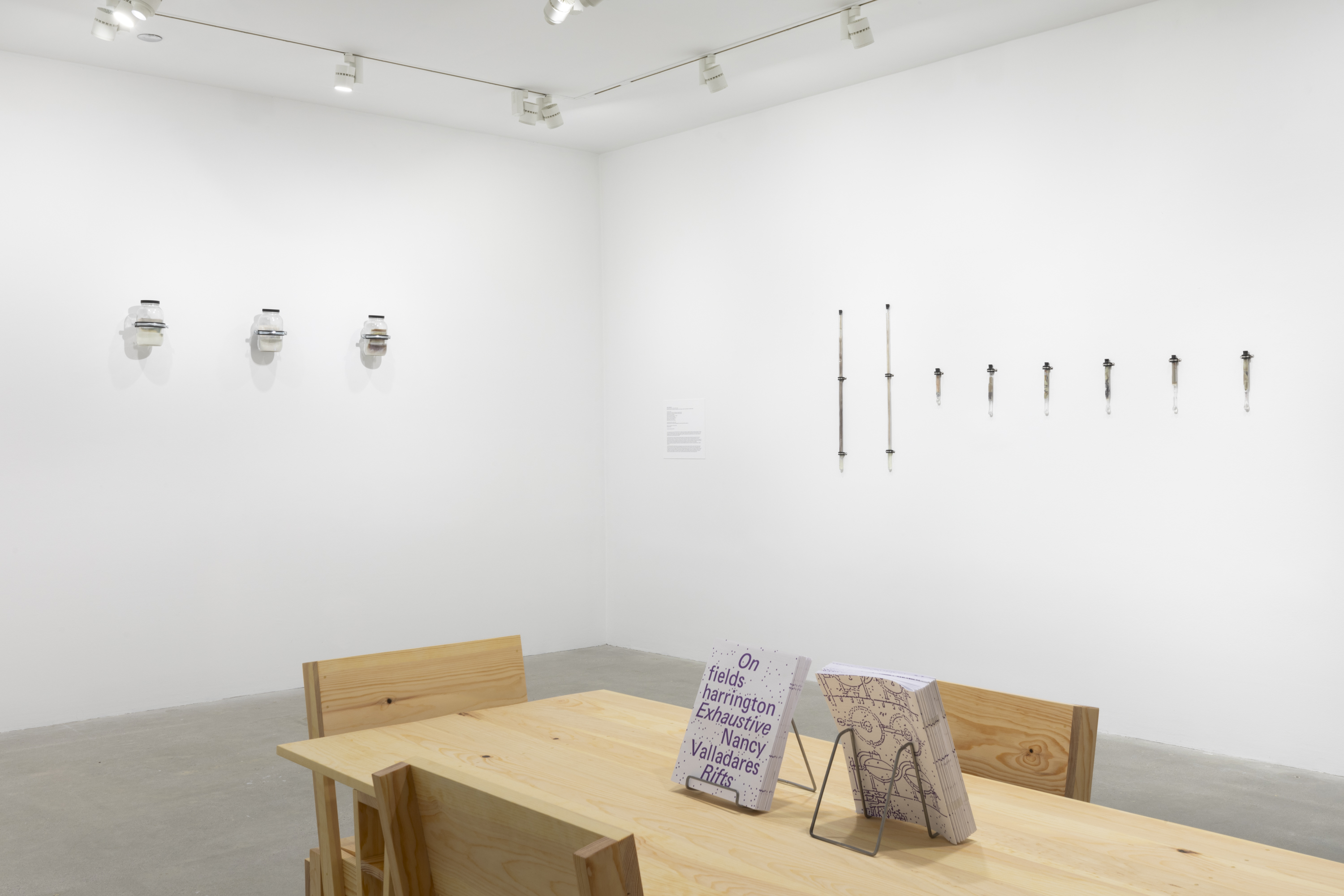 A white walled room with a tan wooden table and four tan wooden chairs in the middle of the room. There are booklets on the table with text on the front that reads “On fields harrington Exhaustive Nancy Valladares Rifts.” A row of three glass jars is hung on the back wall to the left side of a row of eight test tubes that are hung on to the wall.