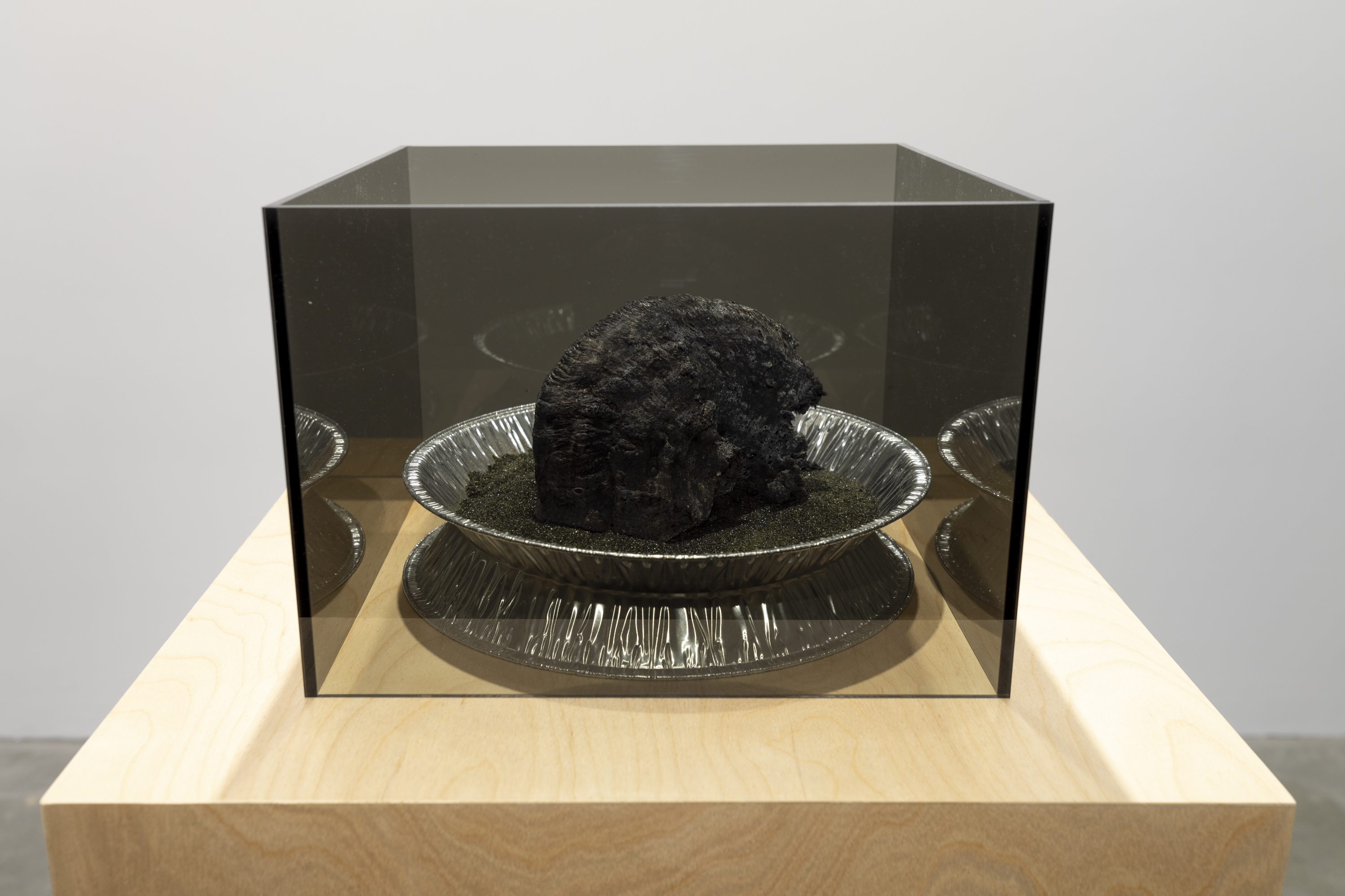 A smoke-grey transparent Plexiglas box with the top open contains the by-product of an exothermic reaction. The by-product is a solid black carbon form that has a serpent-like structure and sits inside an aluminum pie pan with black sand. The box is sitting on a tan wooden pedestal.