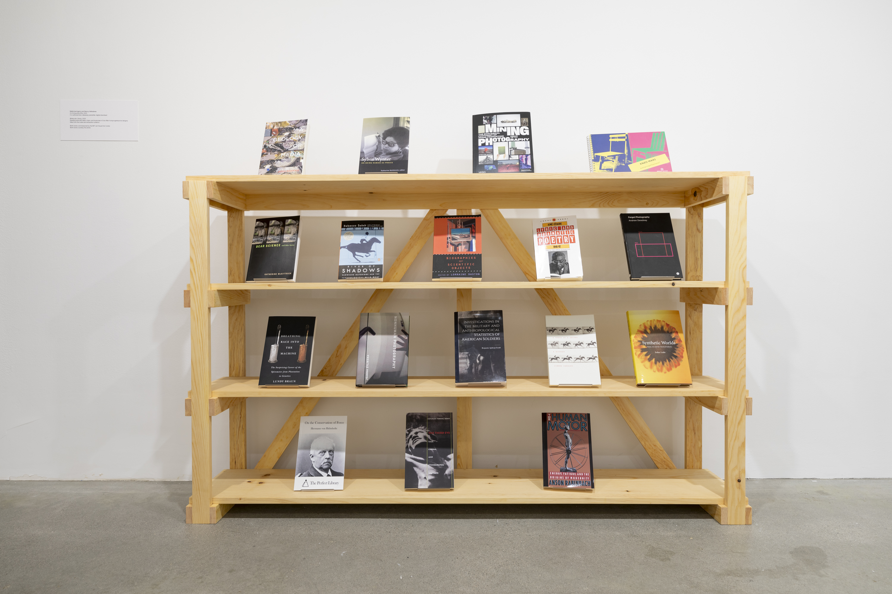 A tan wooden bookcase with four shelves is up against a white wall and displays seventeen books, four on the top shelf, five on the second shelf, five on the third shelf and three on the final bottom shelf.