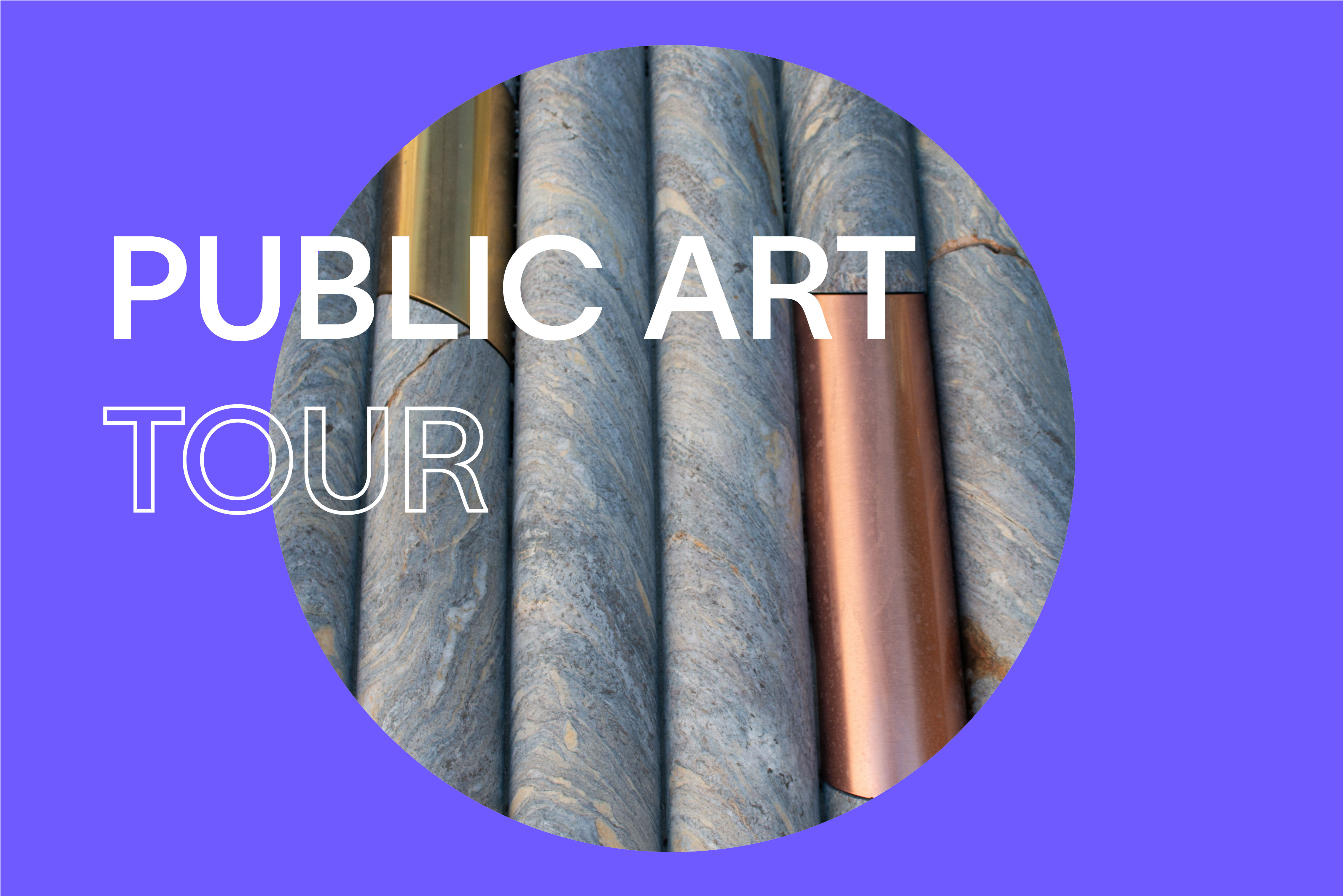 Bright purple background with white text that reads &quot;Public Art Tour.&quot; In the center, there is a round image of the detail view of stone rods laying in a row with gold and rose gold filler pieces.
