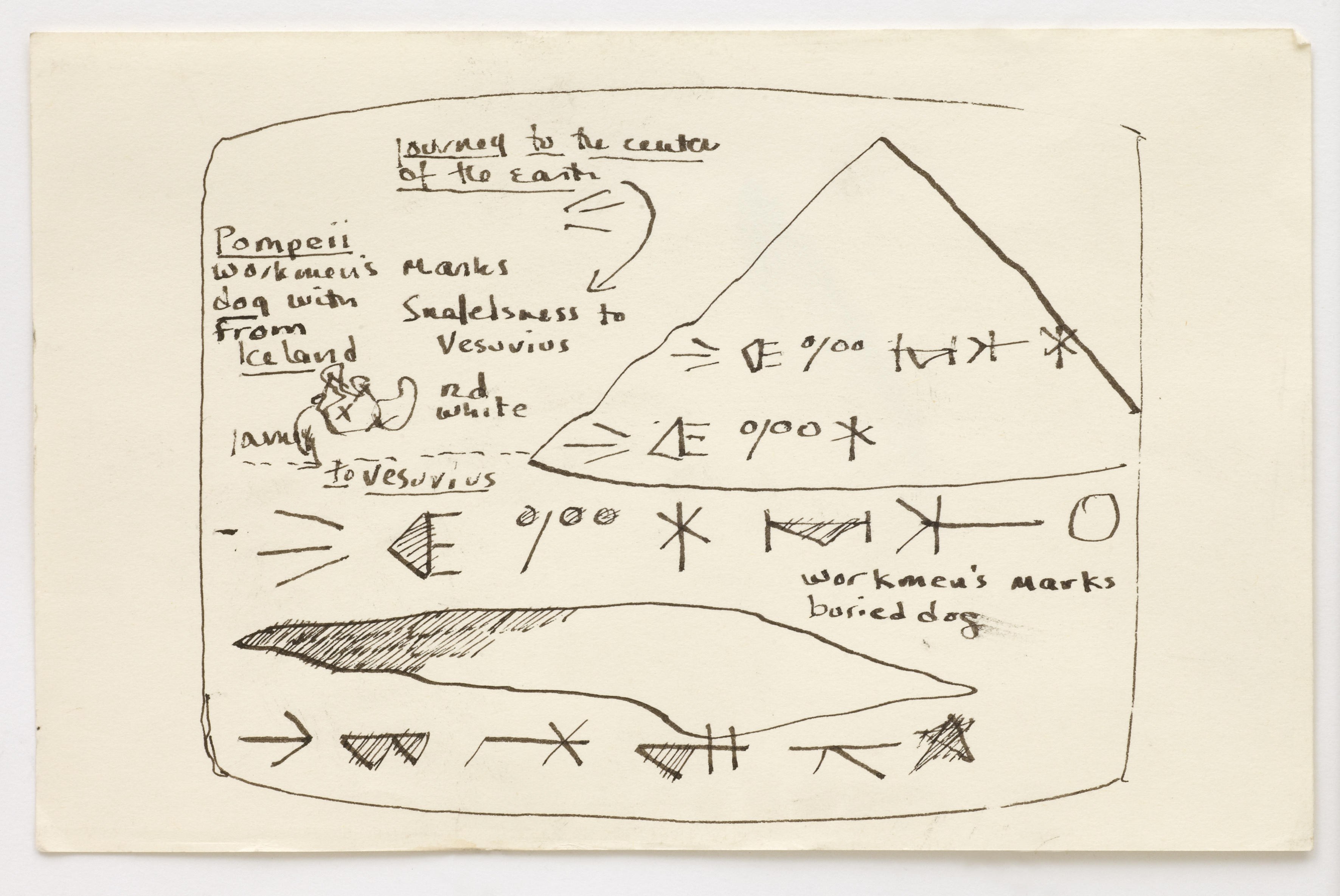 Drawing using ink on paper of a diagram of a mountain above two rows of geometric shapes. The text reads &quot;Journey to the centre of the earth. Pompeii From Iceland to vesuvius workmen's marks buried dog&quot;