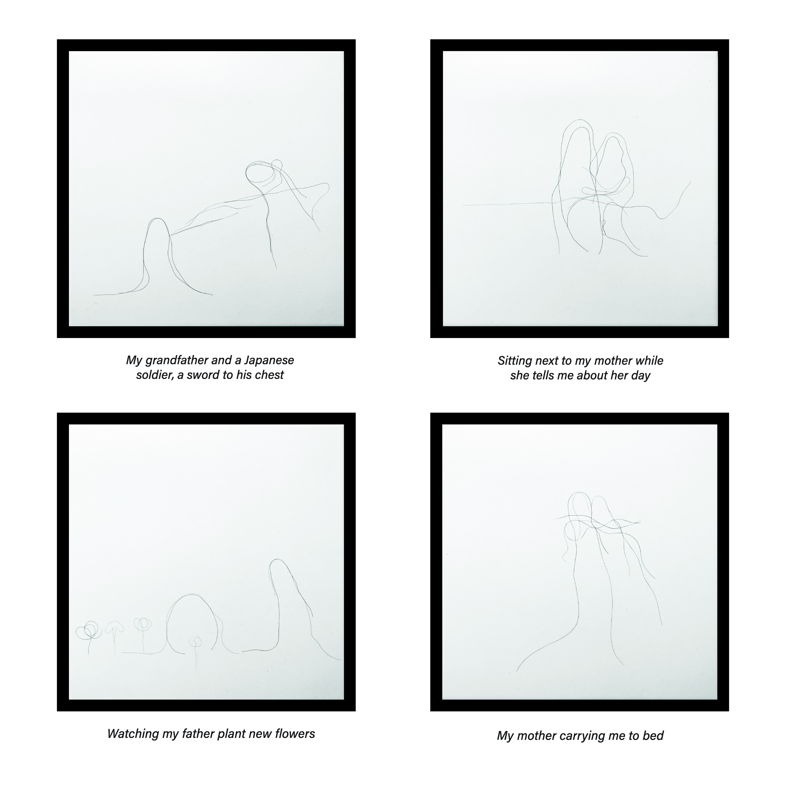 Four white squares with black borders positioned in a grid shape on a white background. Each square depicts and image of figures made out of human hair.