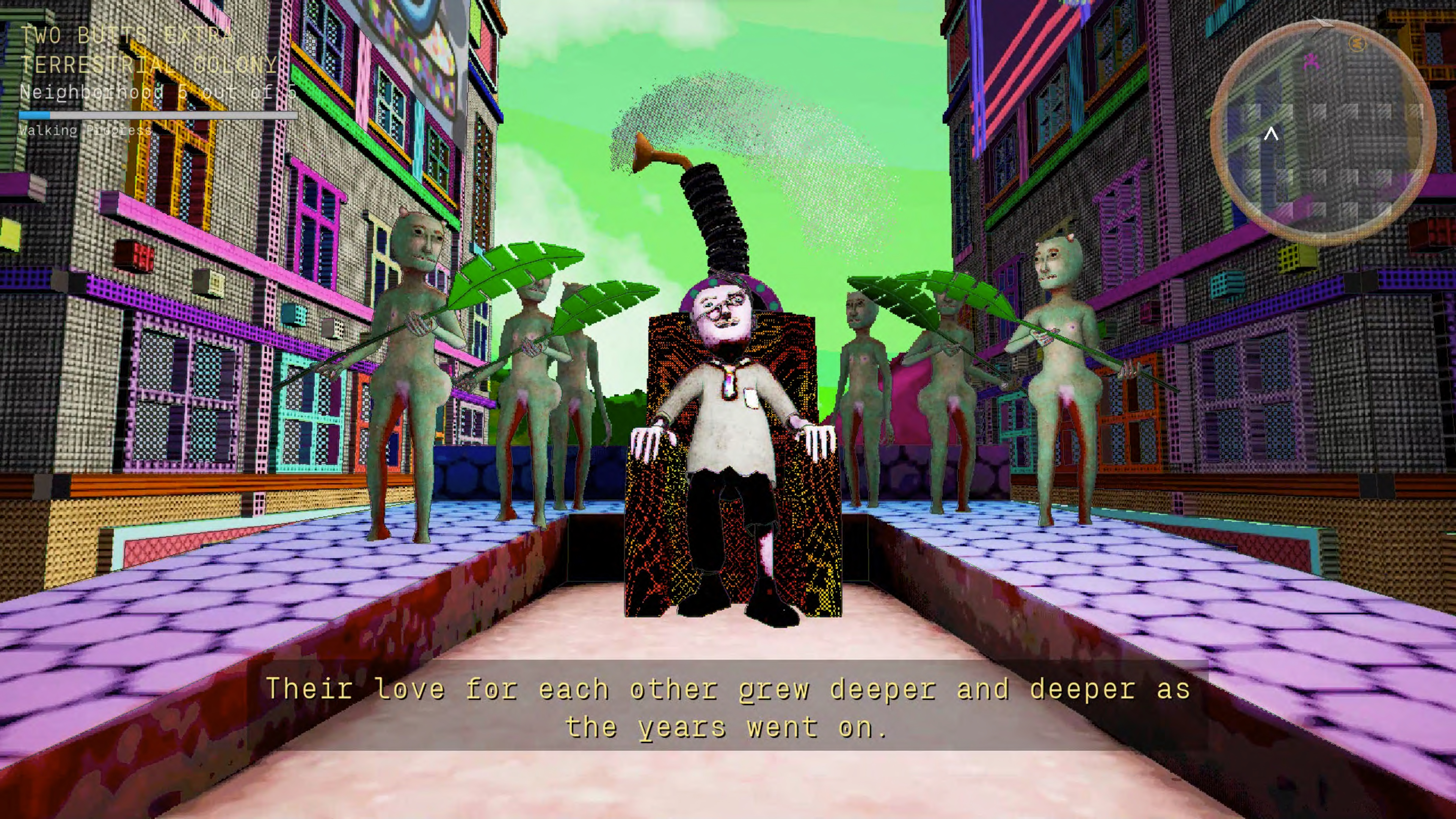 In a digitally rendered cityscape, an older man with crooked glasses sits on a kind of throne, which appears to be emitting sound or smoke. He is flanked by six naked alien-like figures, who fan him with giant leaves. Perhaps this scene occurs on a roof: the background is filled by colorful multistory buildings and a sickly green sky. At the bottom of the screen, text reads, “Their love for each other grew deeper and deeper as the years went on. ”The upper left corner indicates the name of the neighborhood,