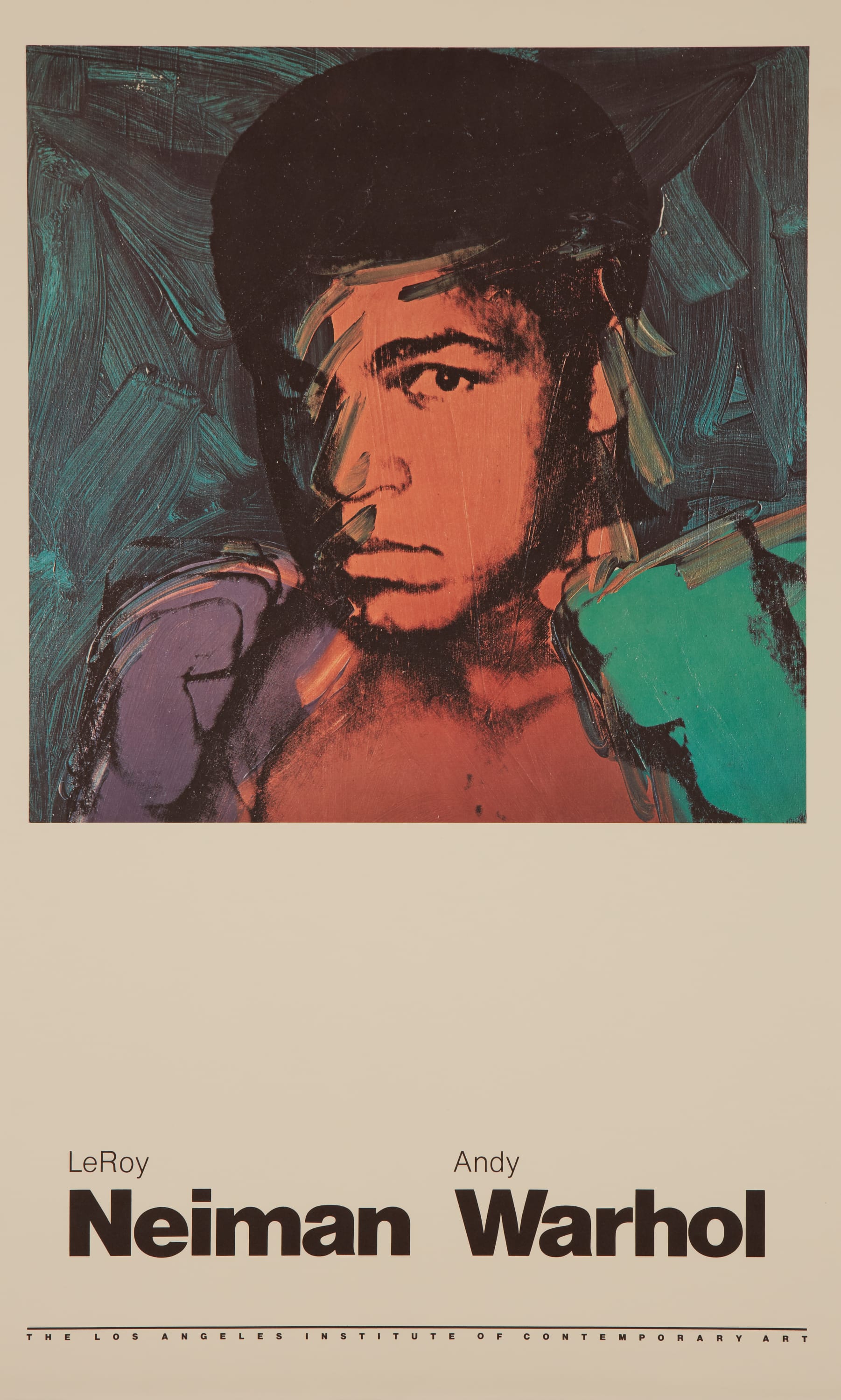 Poster of an upclose portrait of a boxer with one purple and one green colored boxing gloves. There is a large white space below the image with black text that reads "LeRoy Neiman Andy Warhol"