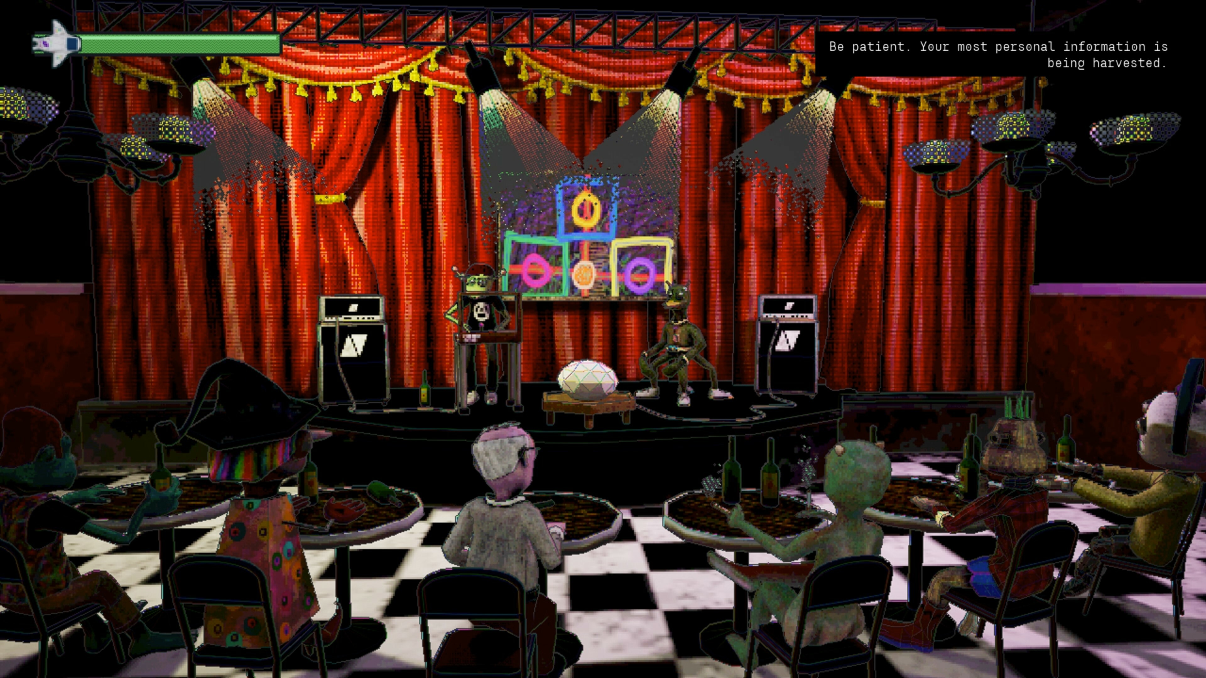 A digitally rendered view of a people sitting at tables in front of live musicians performing on a stage with a red curtain behind. The text reads "Be patient. Your most personal information is being harvested."