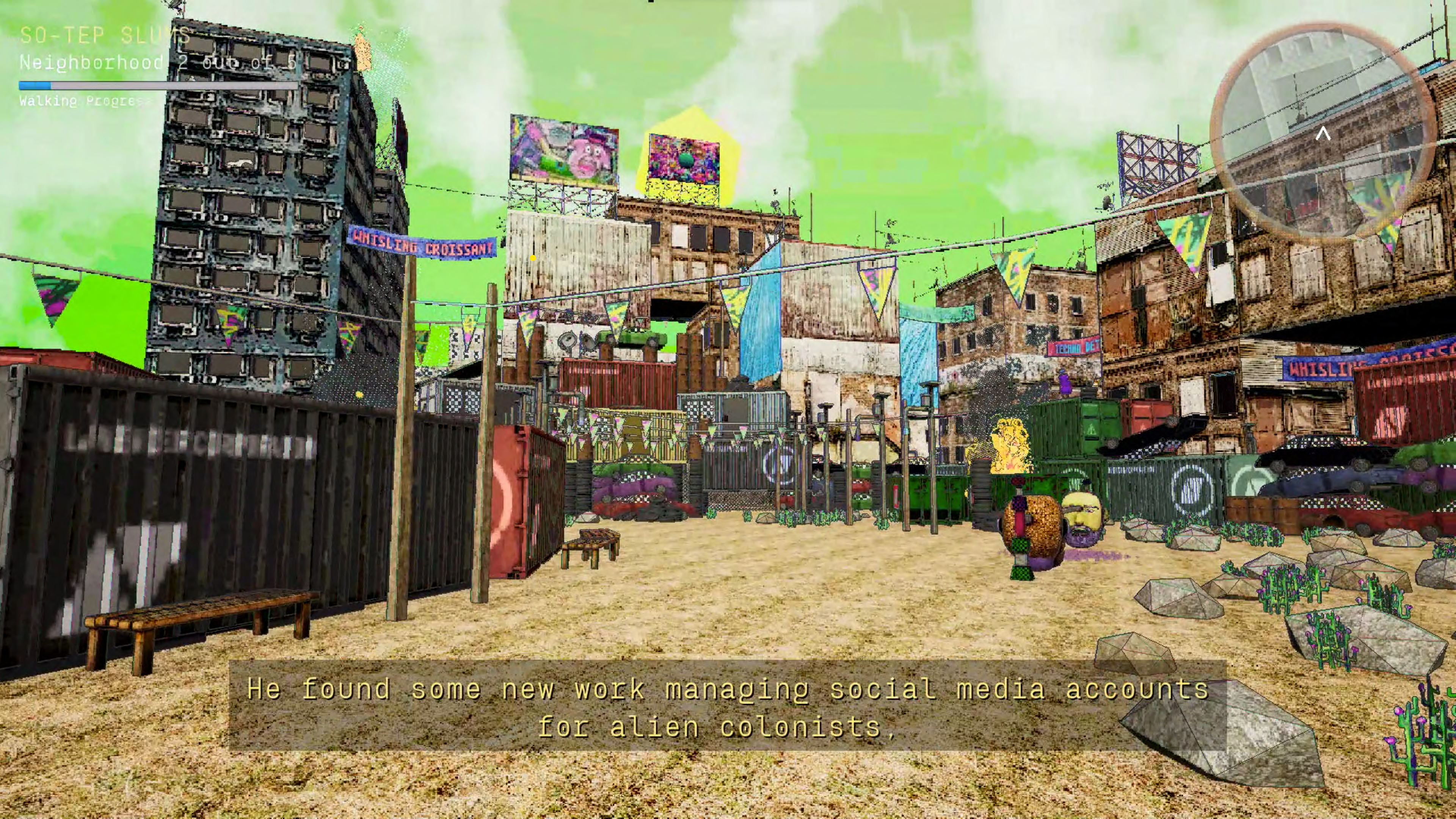 A gritty pixelated city scape of buildings, shipping containers, and less expected objects: giant animated heads, a big orange flame. Colorful pendants, billboards, and banners crisscross a sickly green sky. At the bottom of the screen, text reads, “He found some new work managing social media accounts for alien colonists.” The upper left corner indicates the name of the neighborhood, “So-Tep Slums,” and the upper right corner includes a navigation map.