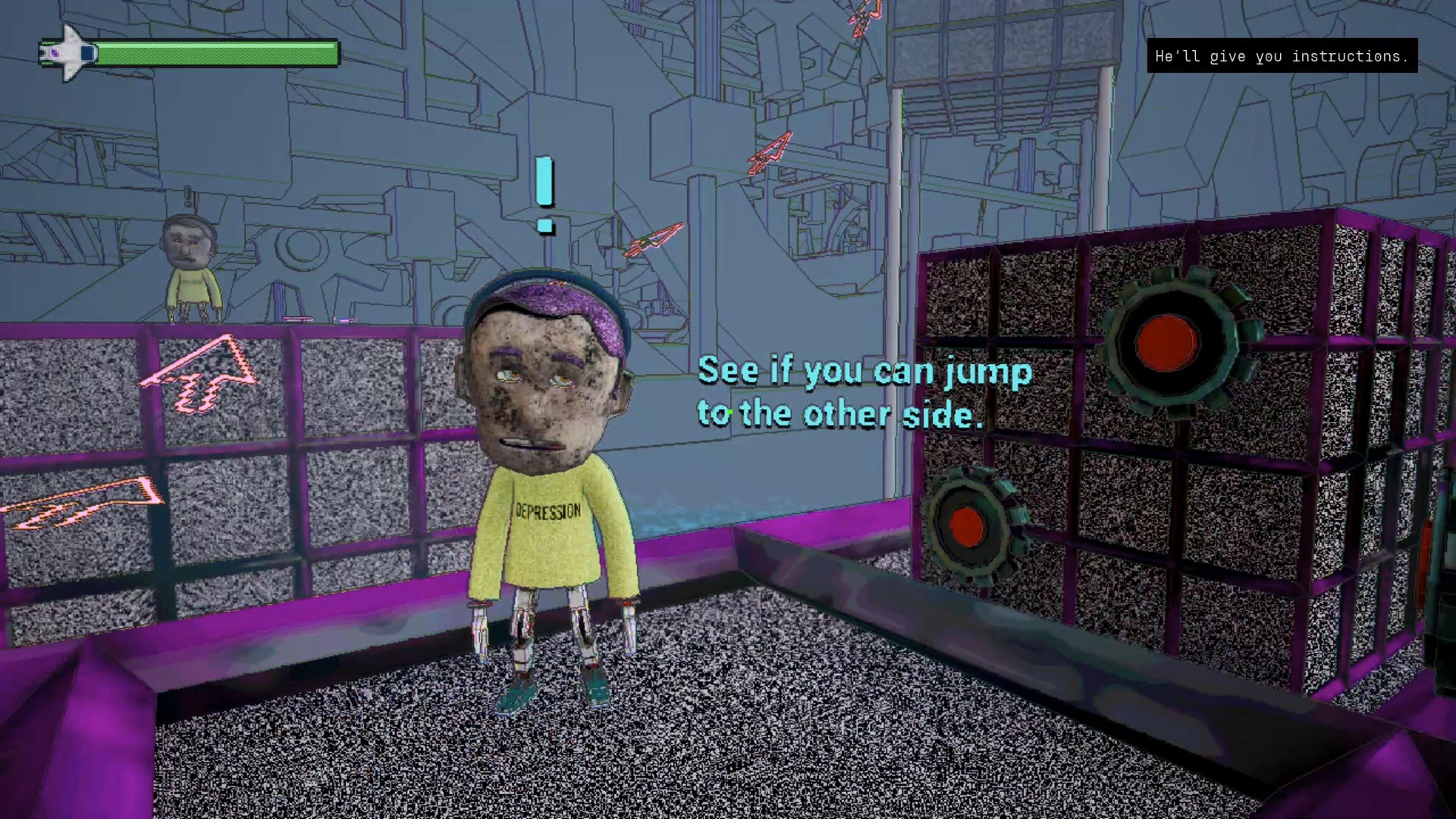 Digital rendering of a dark room with a large stereo-like box on the right side and a glum looking figure wearing a bright yellow sweatshirt with the word "Depression" on the front and a blue exclamation point looming above. The text reads "See if you can jump to the other side. He'll give you instructions."