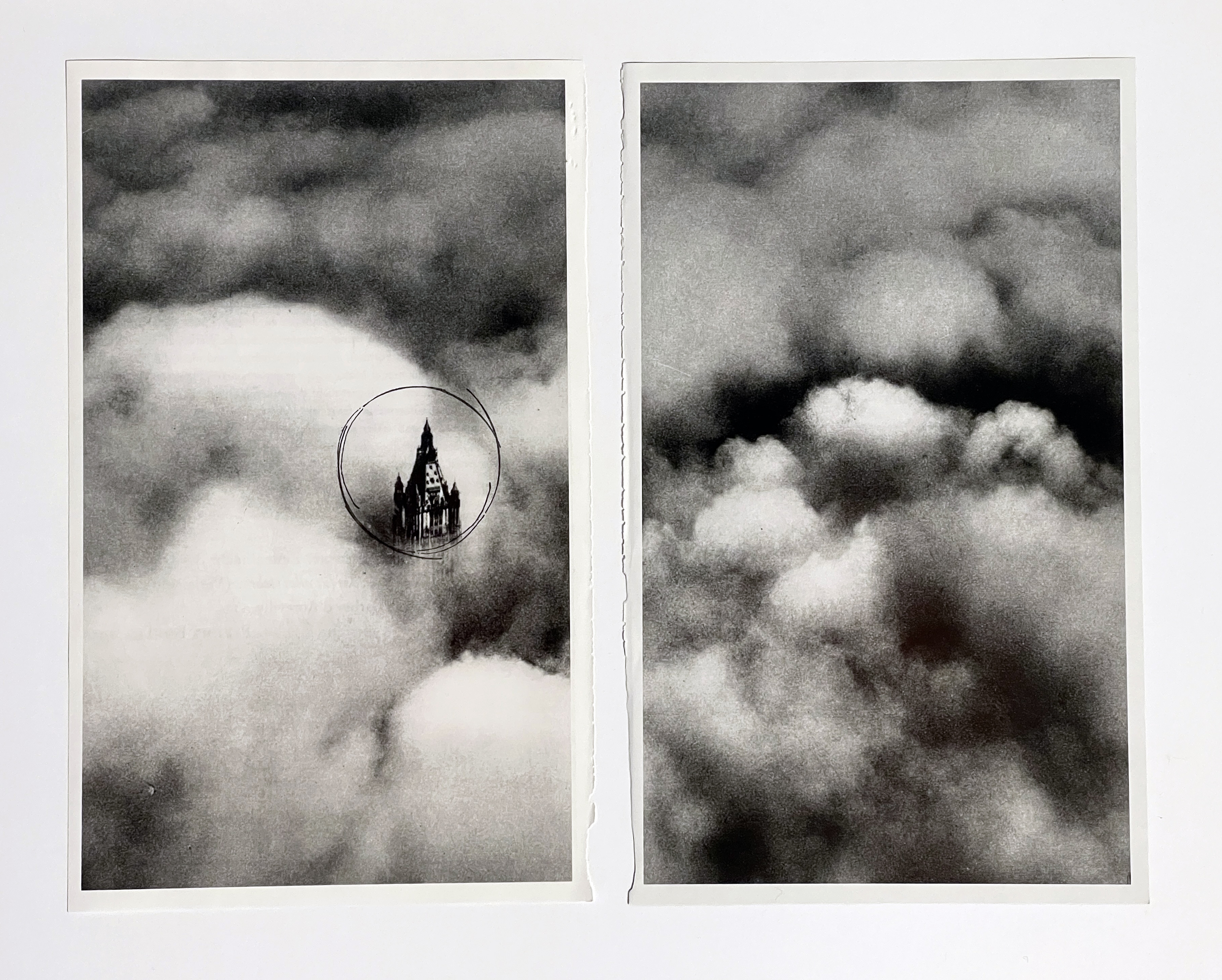 Two black and white photographs with a white matte all within one white frame. Both images show clouds and the top of a cathedral is visible with a black hand drawn circle around in the left image