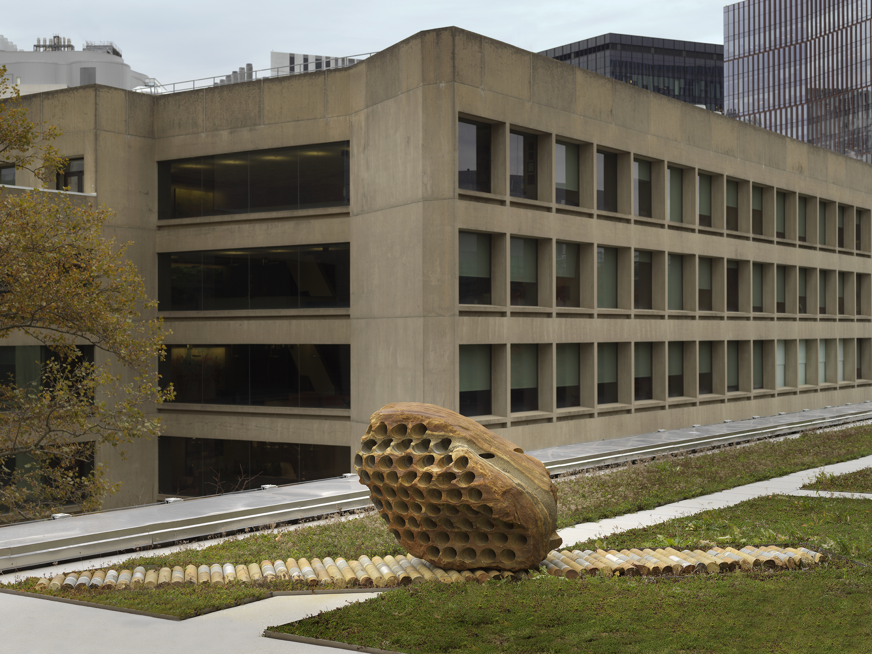 A large rock sculpture rests on a long strip of stone cylinders in a greenspace. The rock has a series of holes removed from its core, with the cylinders that were removed making up the strip it rests on. There is a pathway behind the sculpture and building tops surrounding the open space.
