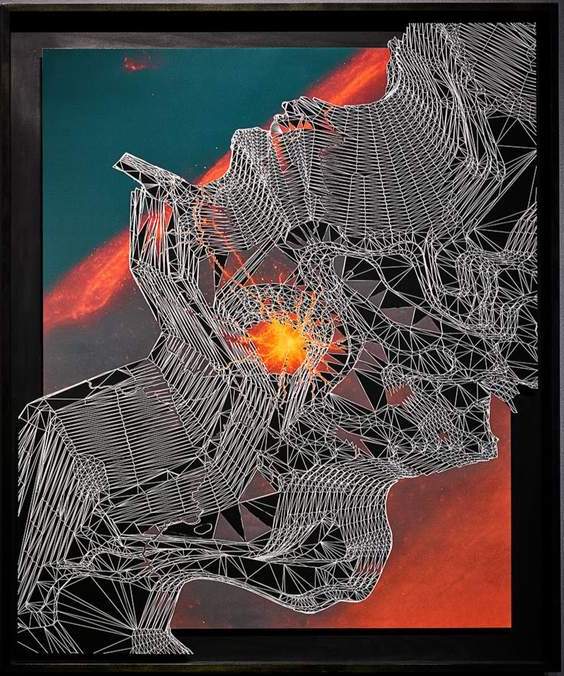 Collage of wire-frame design for the geo-modeling of existing mining open pits and visual cortex neuron of a mouse