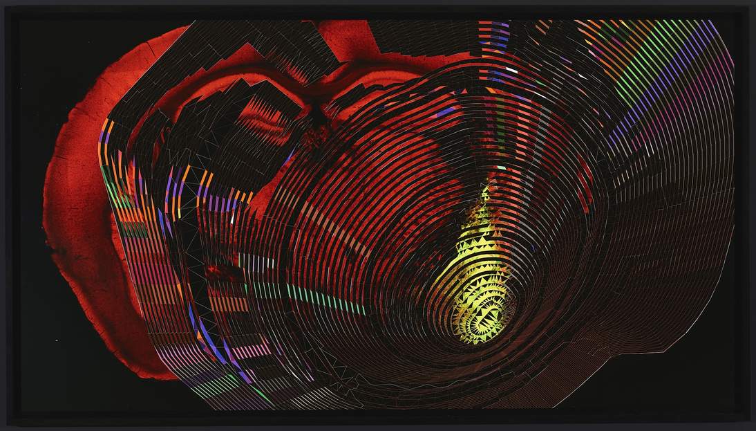 Collage of wire-frame design for the geo-modeling of existing mining open pits and visual cortex neuron of a mouse