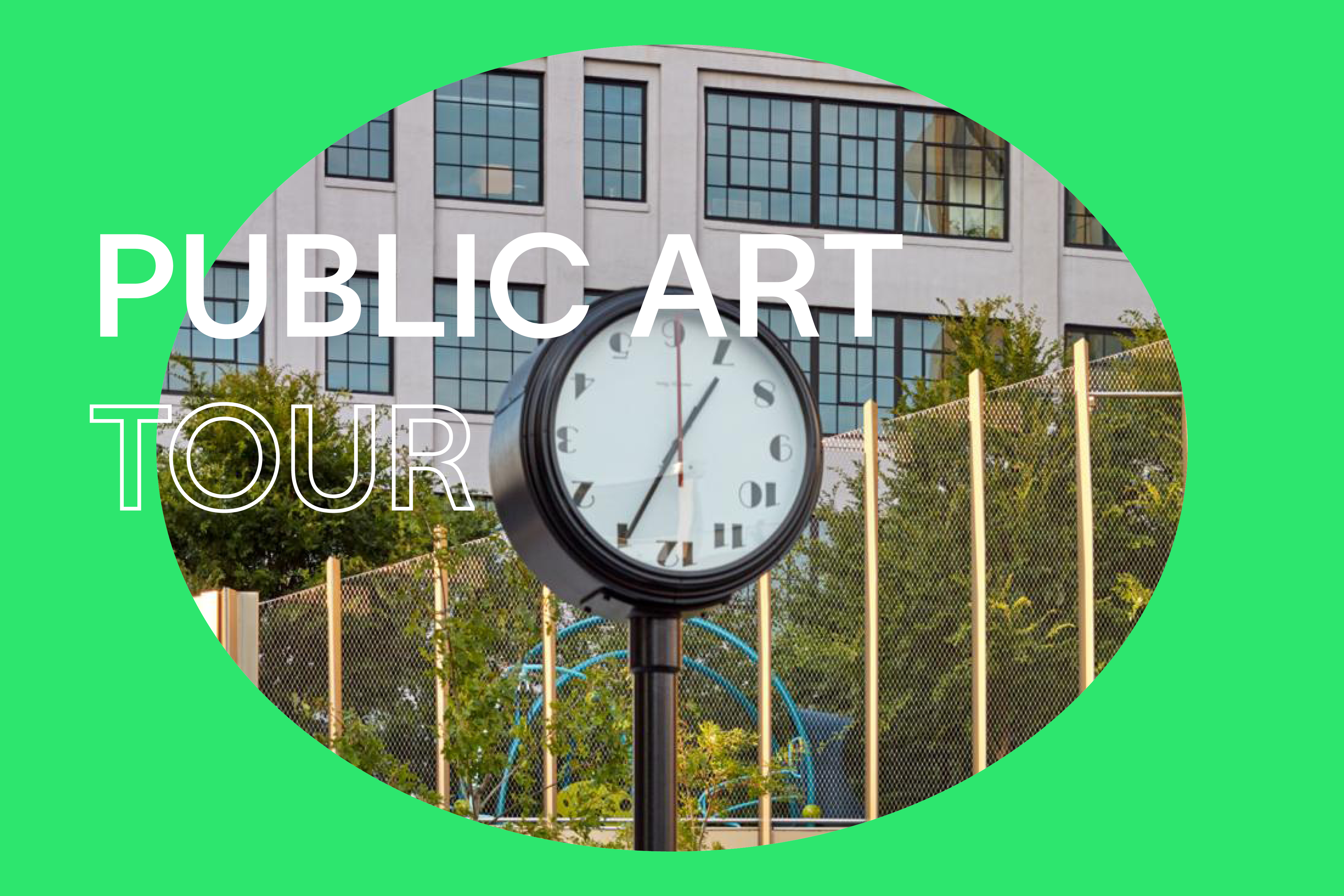 Bright green background with white text that reads &quot;Public Art Tour.&quot; In the center, there is an oval image of a black freestanding clock with a restrained modern design.