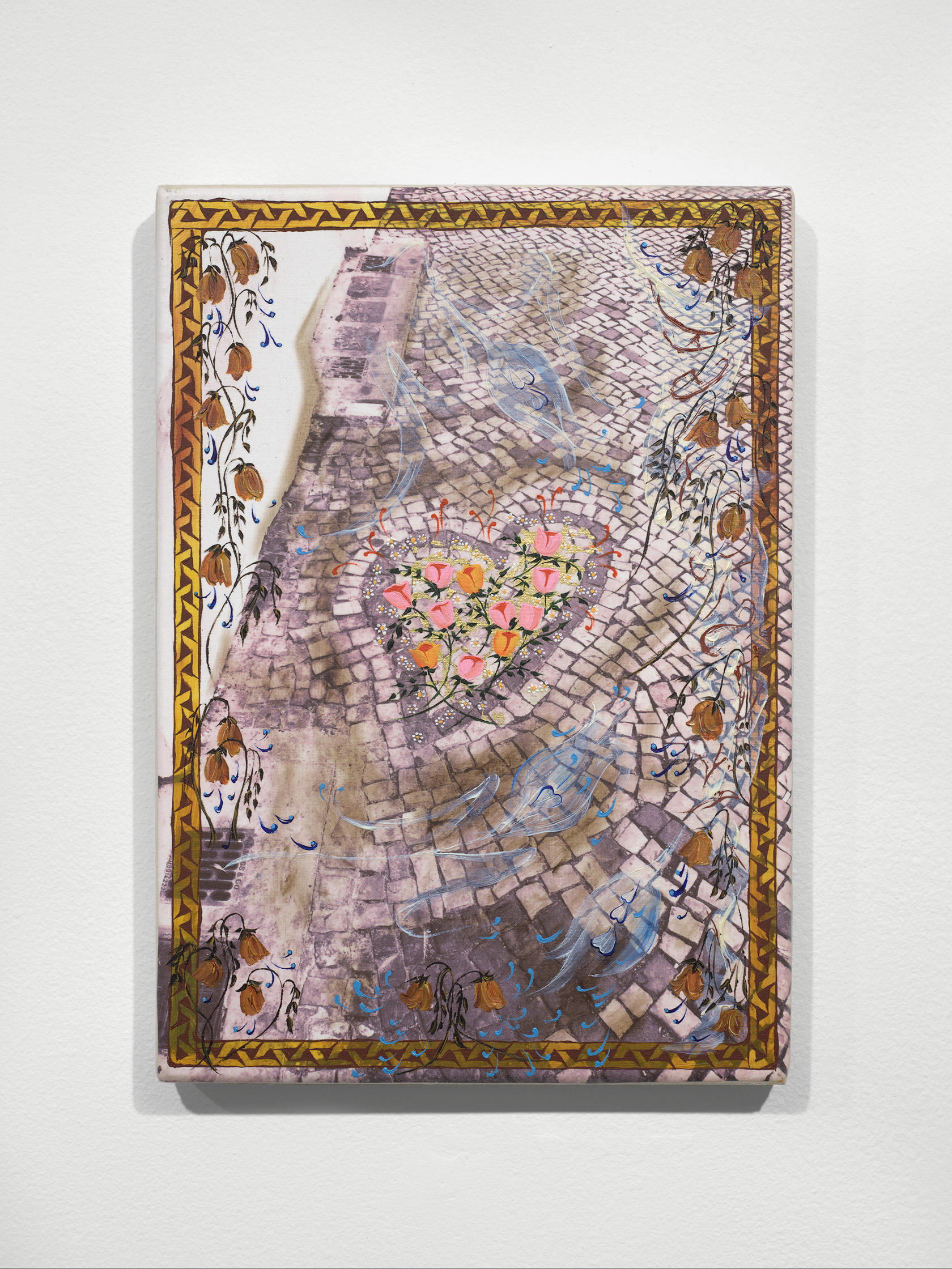 A painting of a cobblestone street viewed from above. At the center of the frame, the cobblestones surround a bed of pink, orange, and yellow flowers in a heart shape. Along the left side of the street, drains are visible, while blue and white paint depicts water swirling around the flower bed. An ornate lattice print frames the edges of the painting.