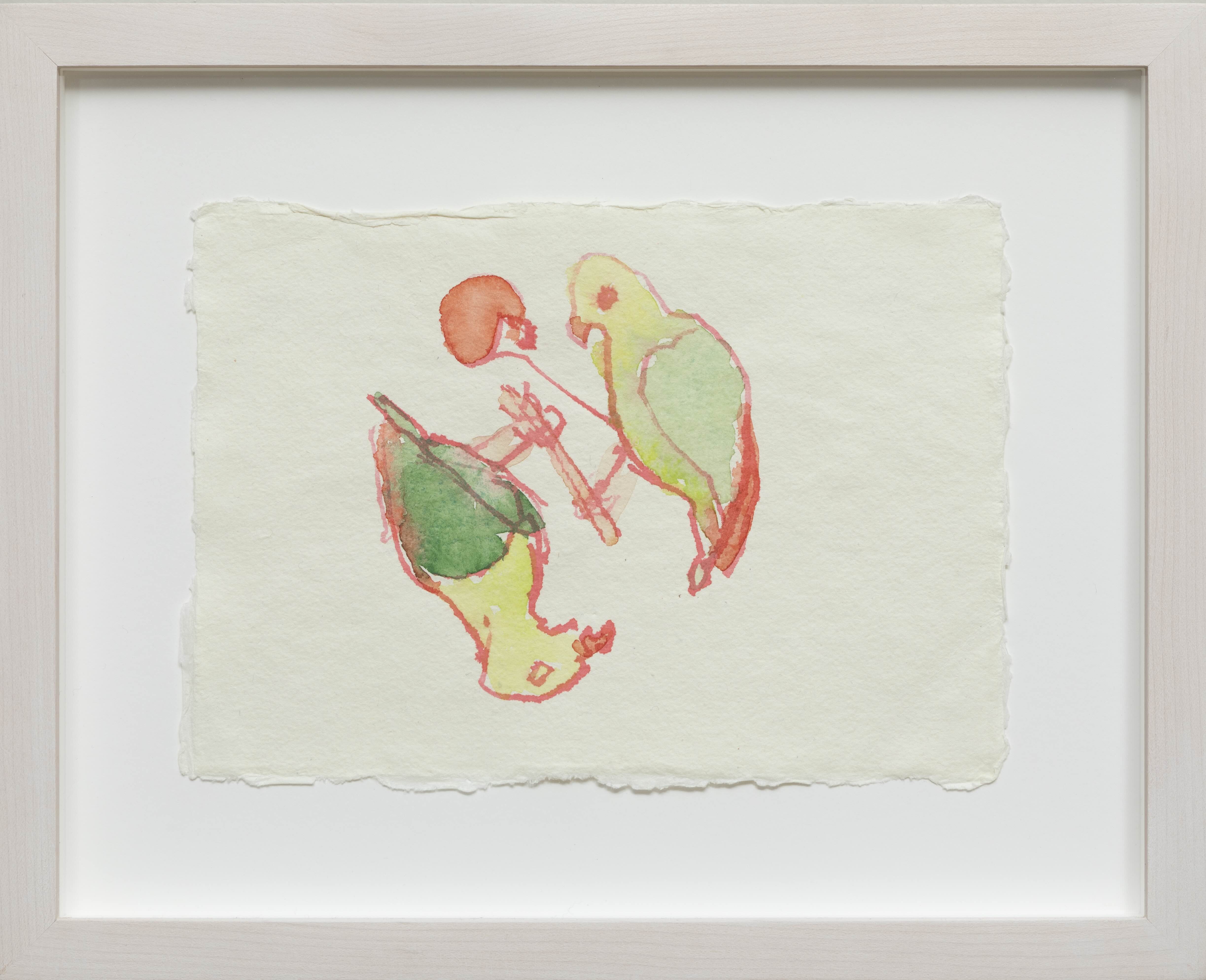 Watercolor painting on white paper of two brightly colored red, yellow and green parrots. They are standing on the same stick, one is facing up and one is upside down creating a circle shape.