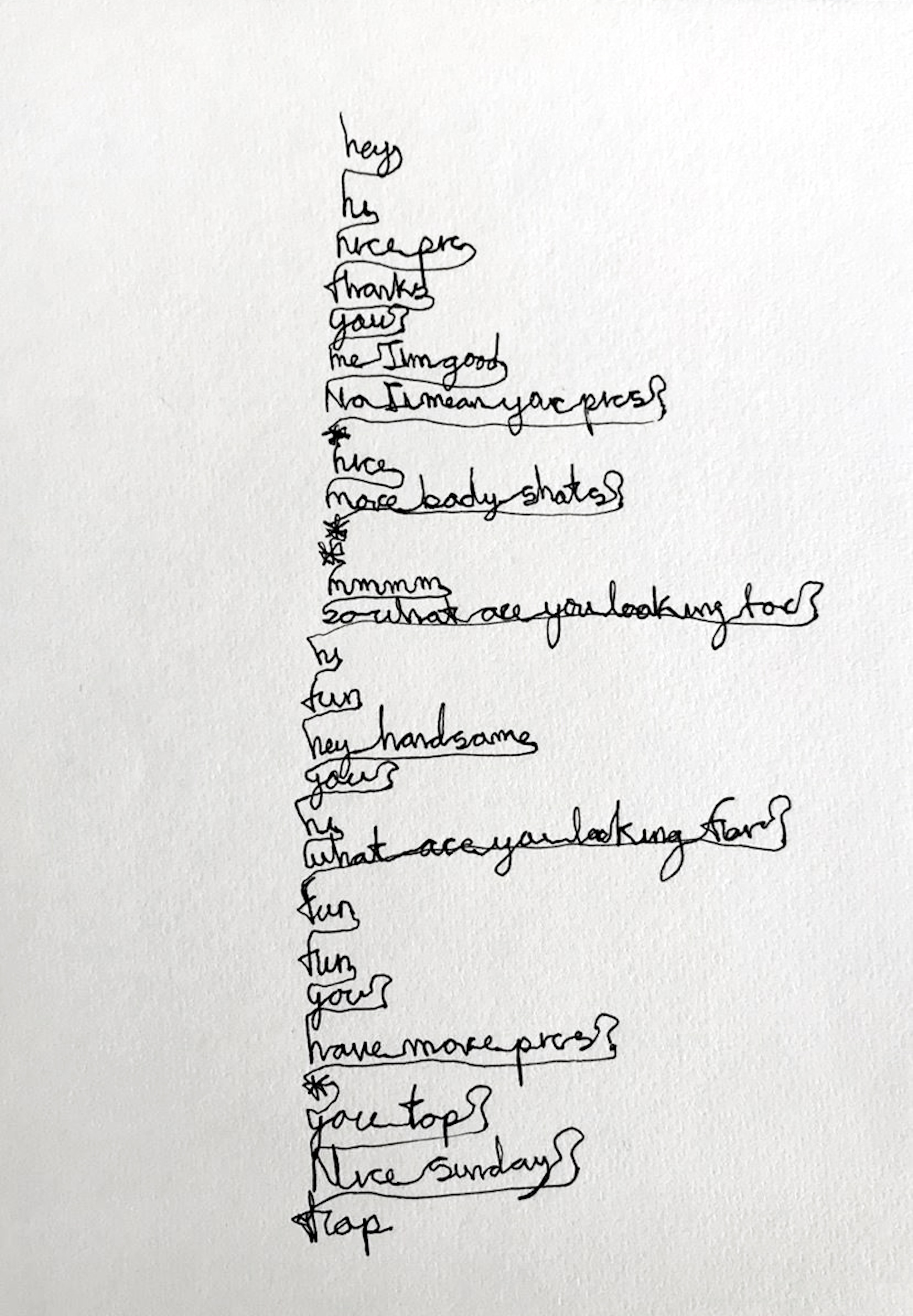 Ink on paper of cursive text that is written without taking pen off the paper.