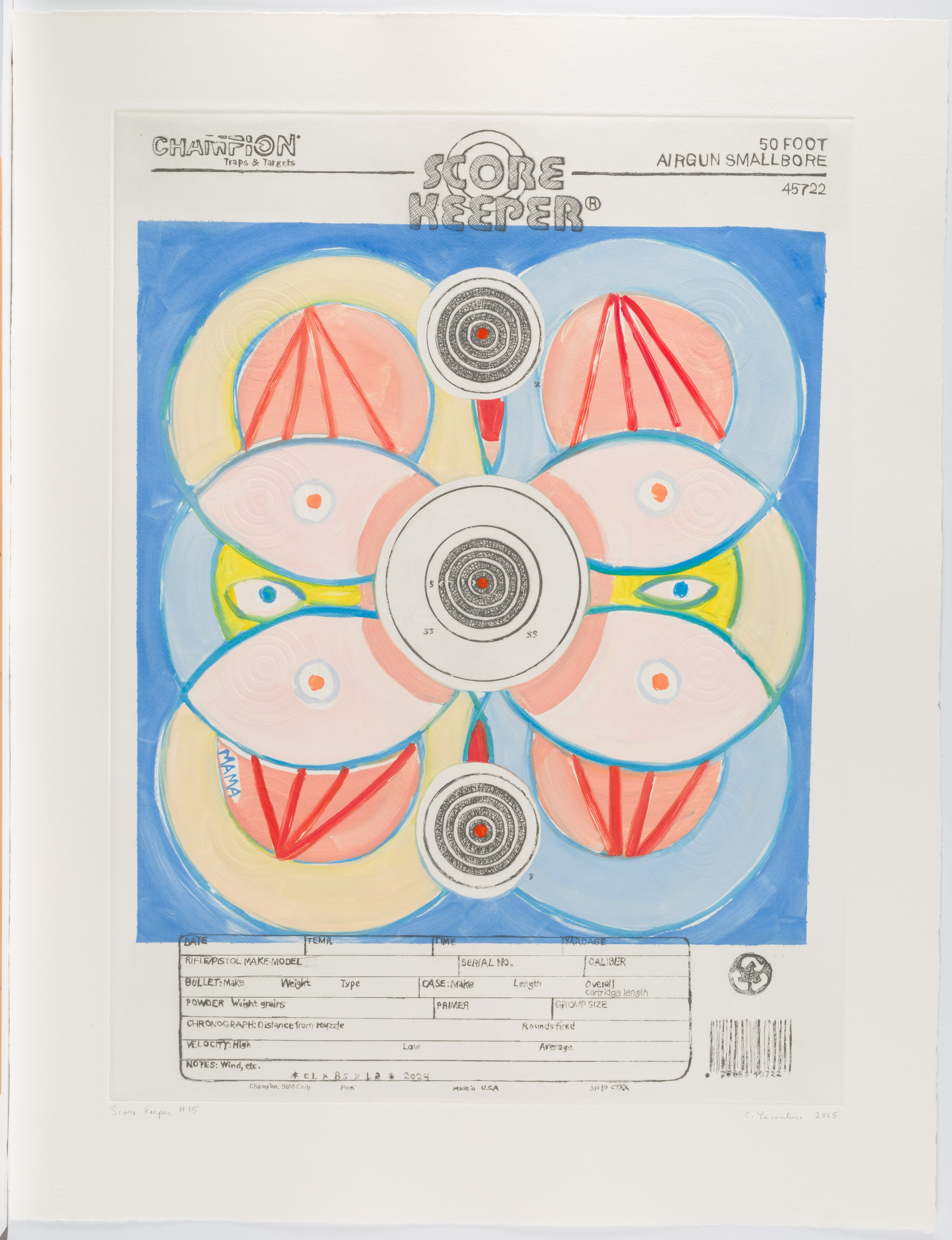Six overlapping brightly colored circles in two rows that create eye-like shapes. There is black text at the top and bottom of the page. The text reads "SCORE KEEPER"