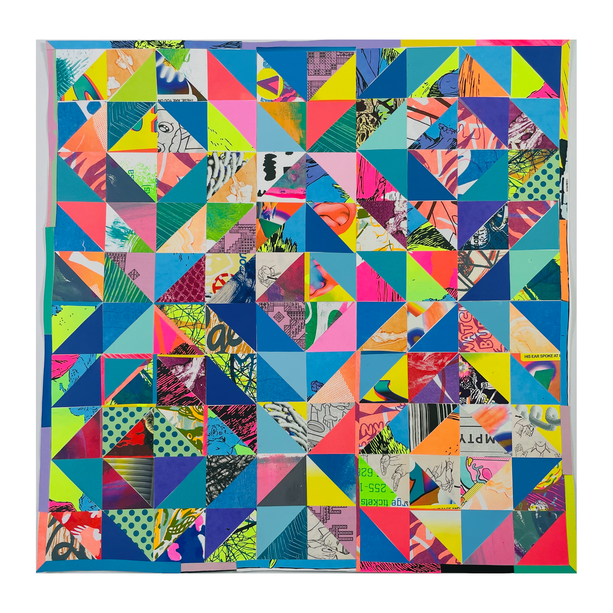 A square quilted pattern made up of many brightly multi-colored triangle shapes.