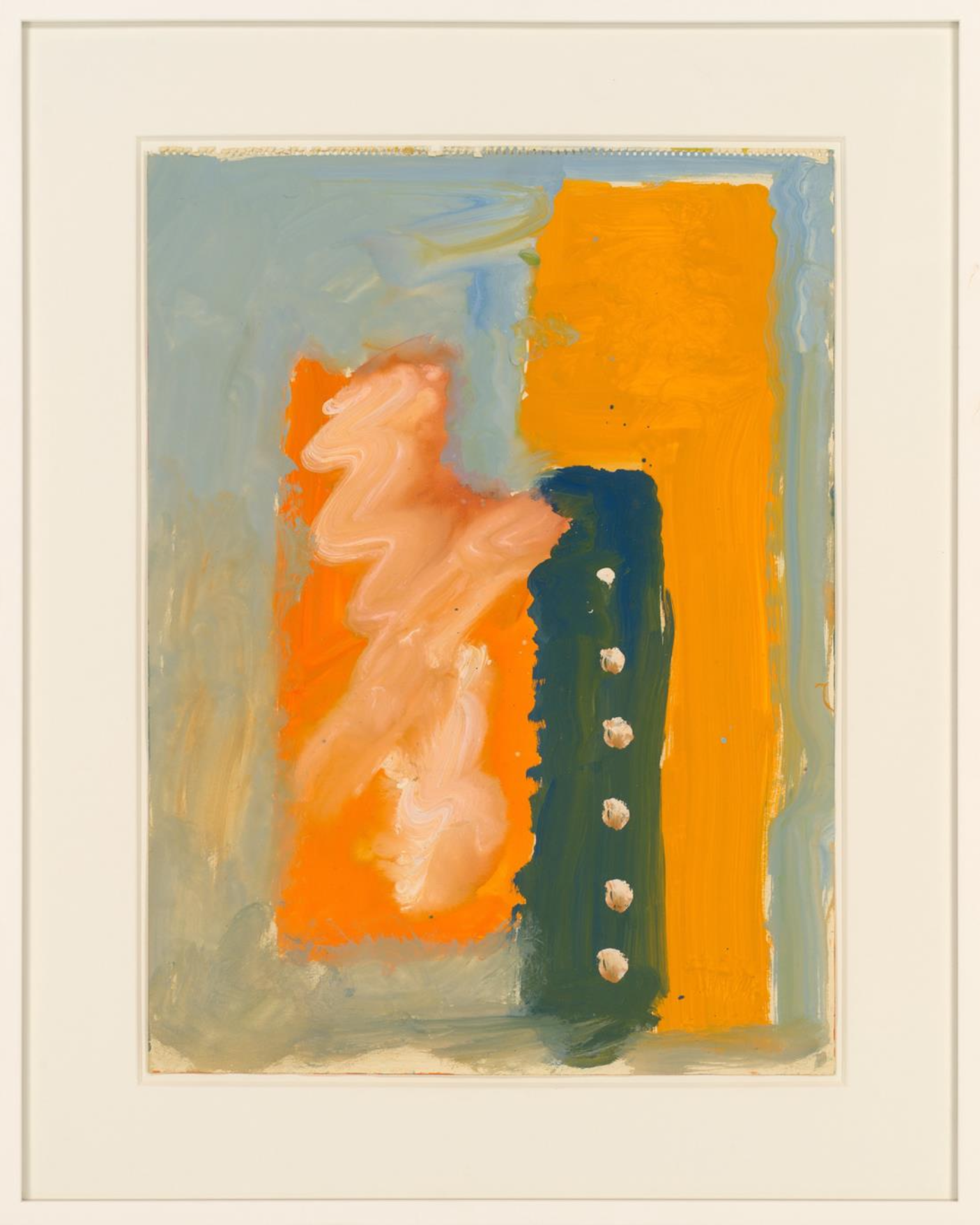 Abstract painting composed of vibrant orange and dark green vertical streaks on a muted gray background within a beige matte.