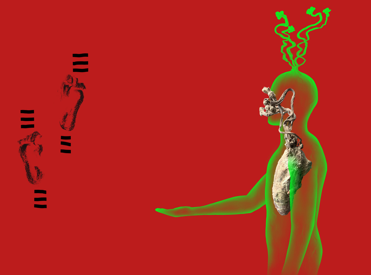 Bright red background with a neon green figure facing the left with their arm out in front. Two black footprints can be seen on the left-hand side.