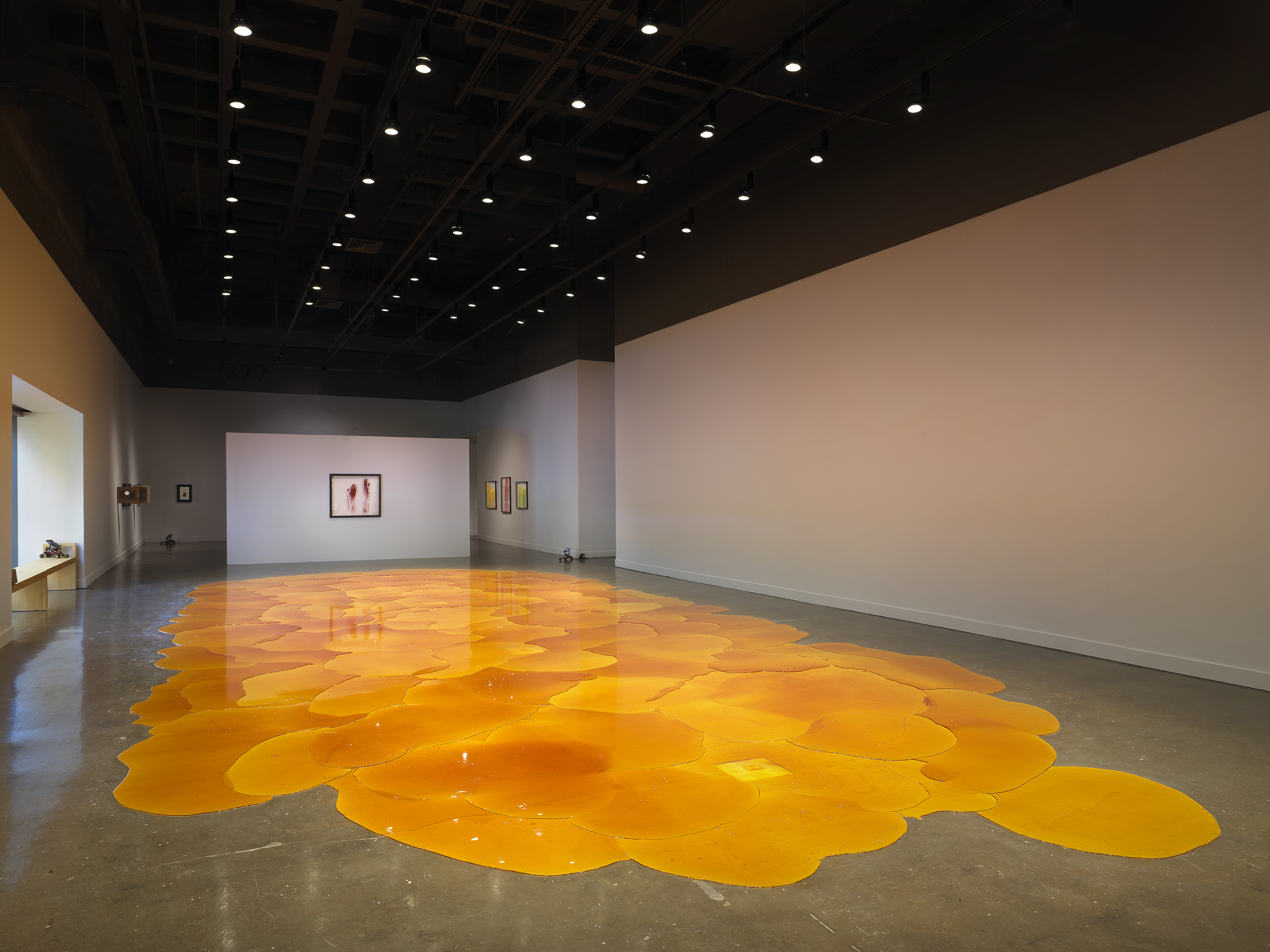 Gallery with an expansive, vibrant orange pool of melted pine rosin that spreads across the floor. Framed artworks hang on the back walls, while a window allows for warm sunlight to flood into the space.