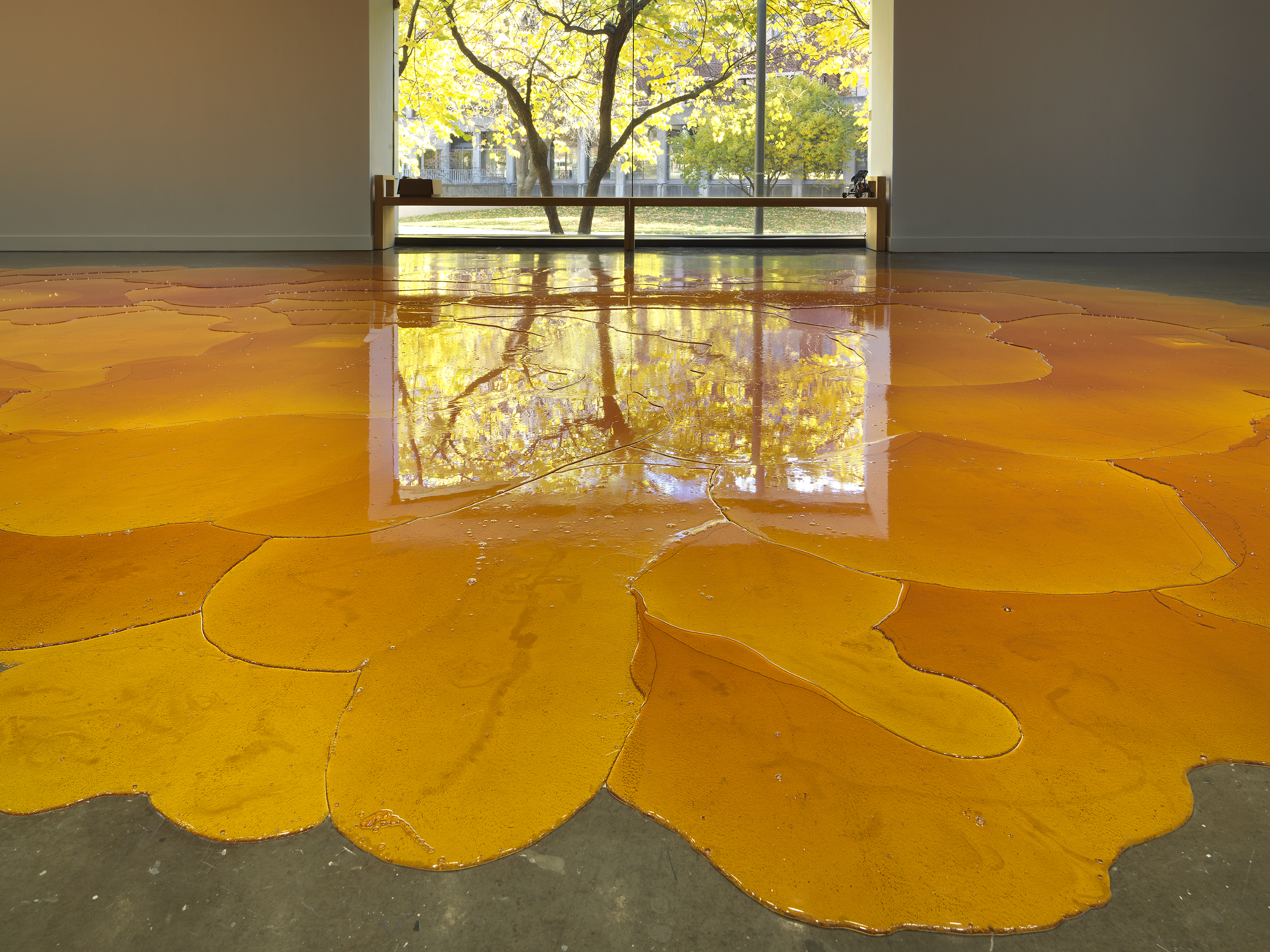 Gallery with an expansive, vibrant orange pool of melted pine rosin that spreads across the floor. A window shows a tree outside with warm sunlight flooding into the space and a small lego robot sits on a wooden bench in front of the window.