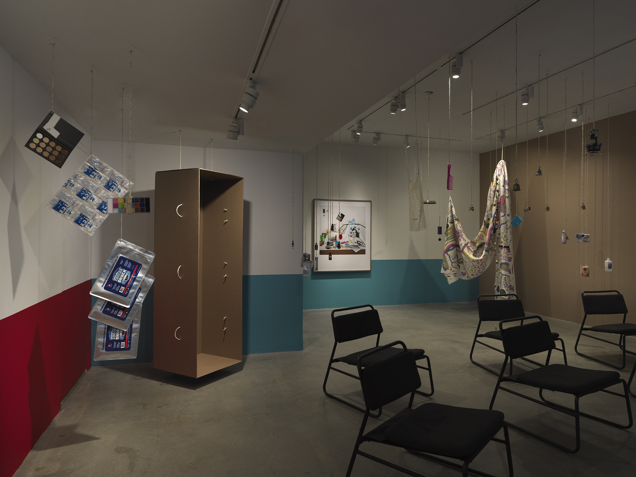 A dimly lit white walled gallery with the bottom half of the wall painted red and text on the left side of the wall. A collection of everyday items hanging from strings throughout the space and a large black framed color photograph hangs on the back wall. A tall, open cardboard structure is suspended in the space and a large printed sheet of fabric hangs on the right side of the frame.