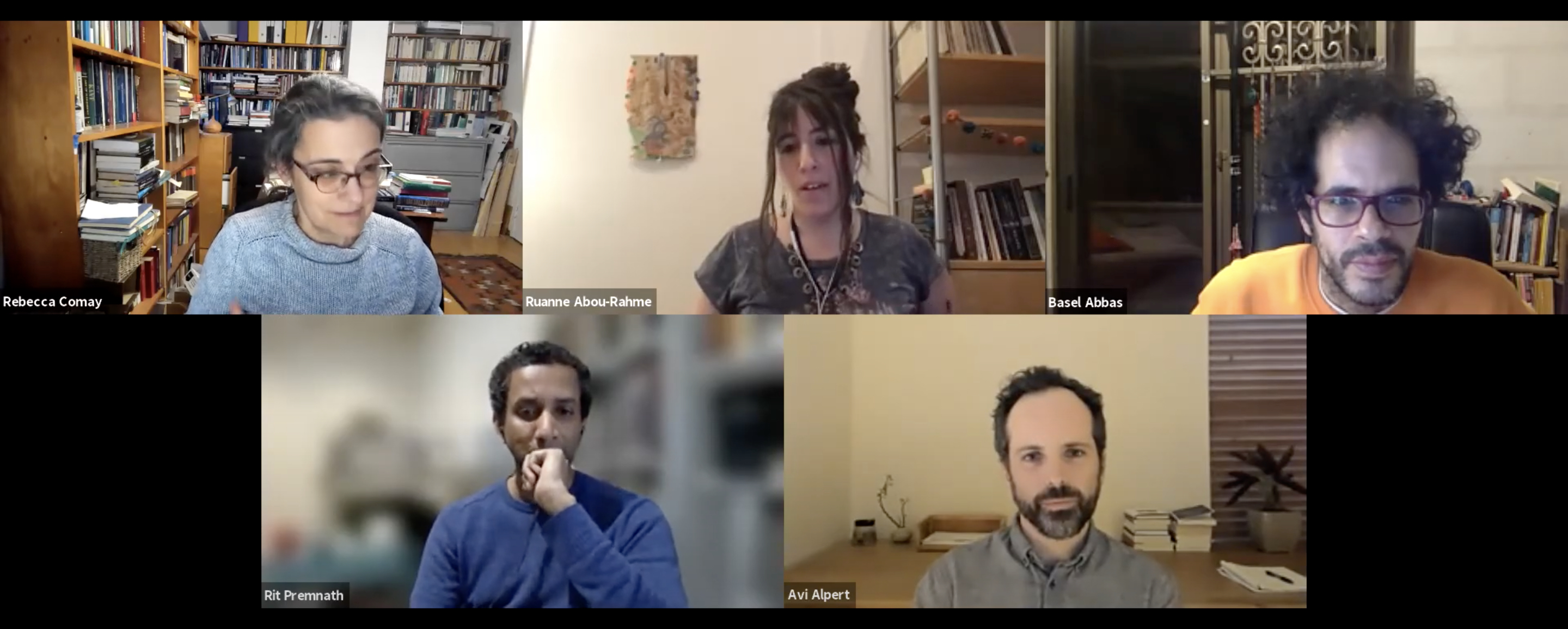 Rebecca Comay, Basel Abbas, Ruanne Abou-Rahme, Avi Alpert, and Sreshta Rit Premnath are pictured in their respective video call screens.