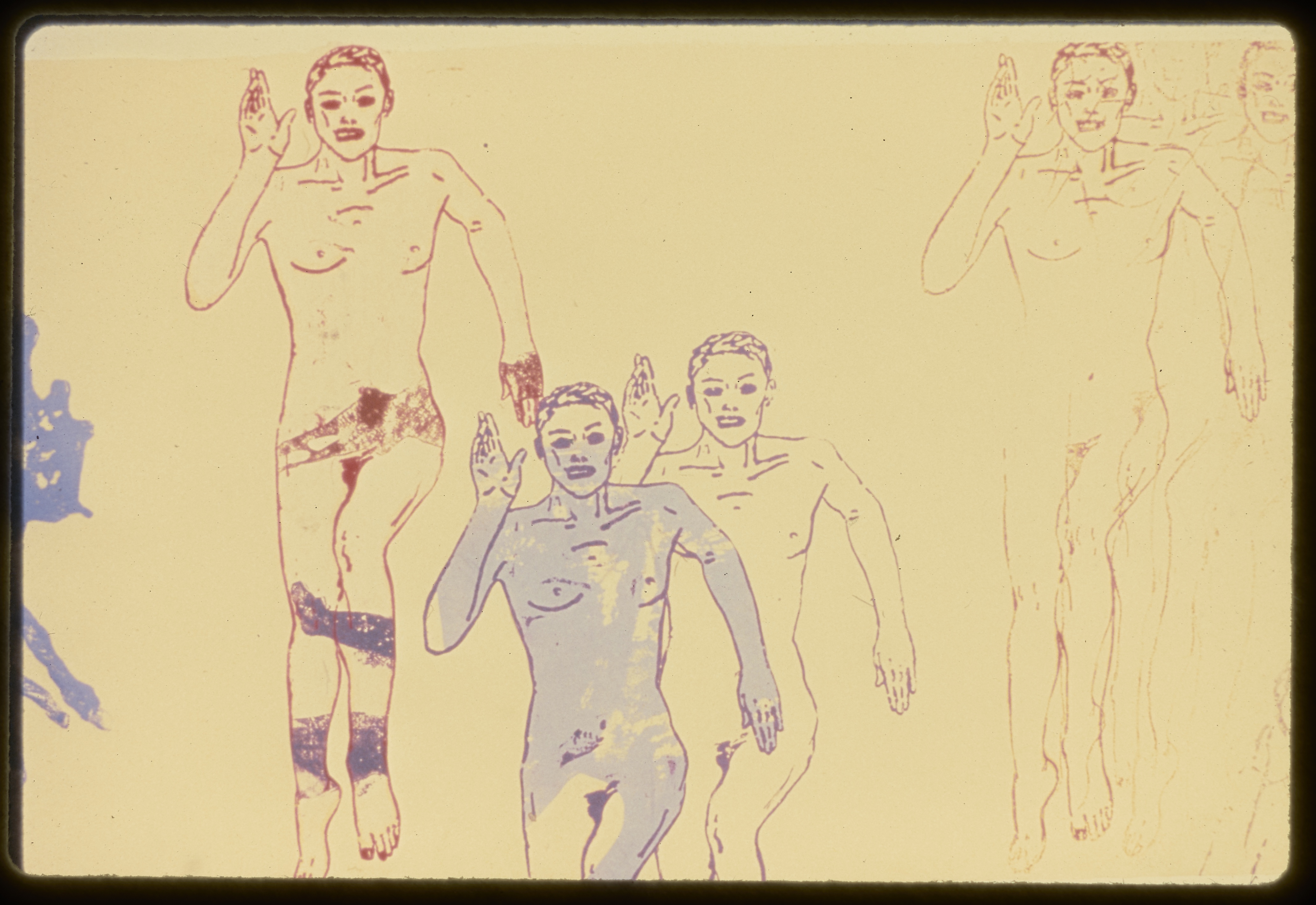 Drawing of five outlines of same male figure in running position, some red and some purple, placed sporadically on the page.