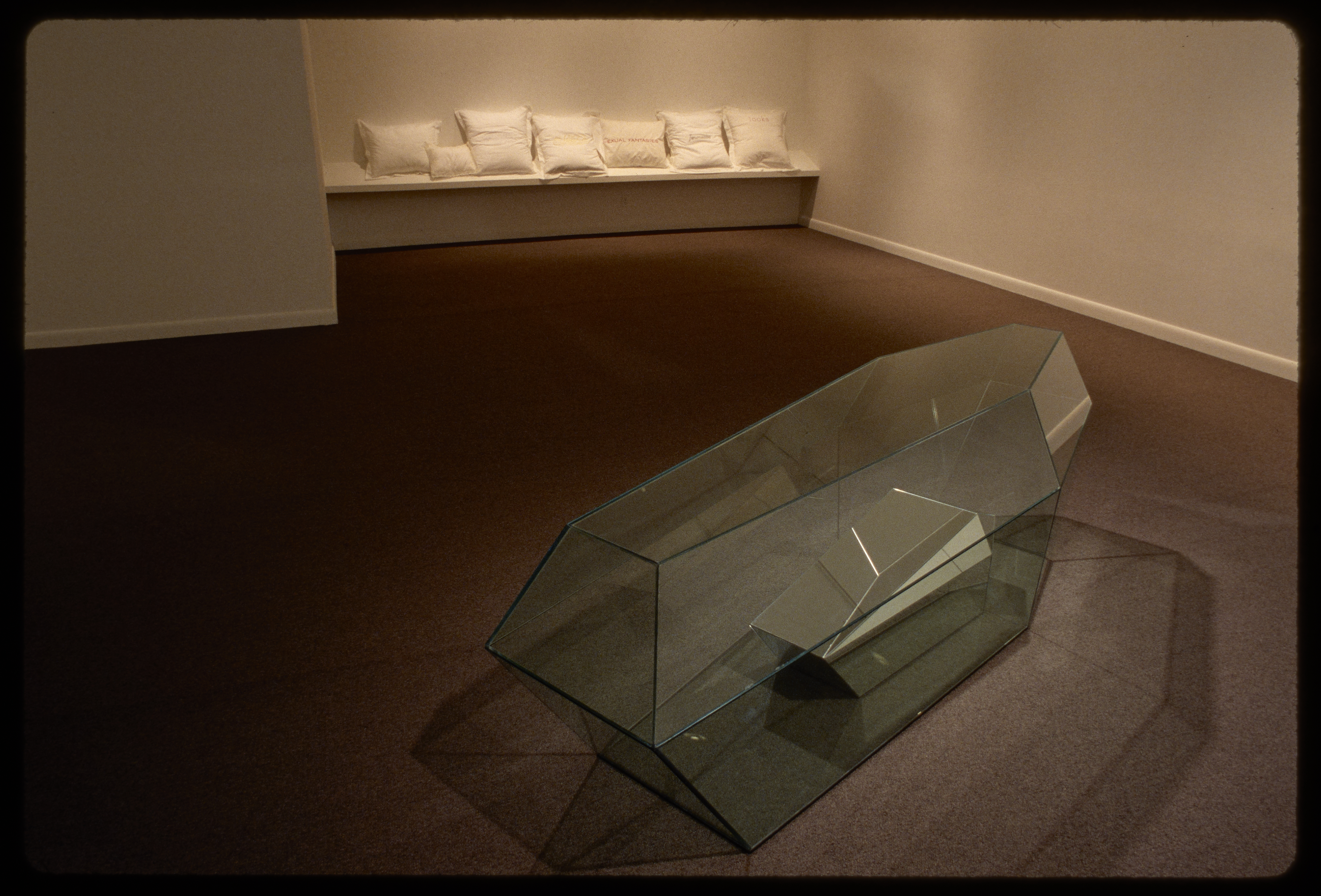 A glass coffin shaped sculpture sits in the middle of the gallery. A bench holds pillows against the back wall.