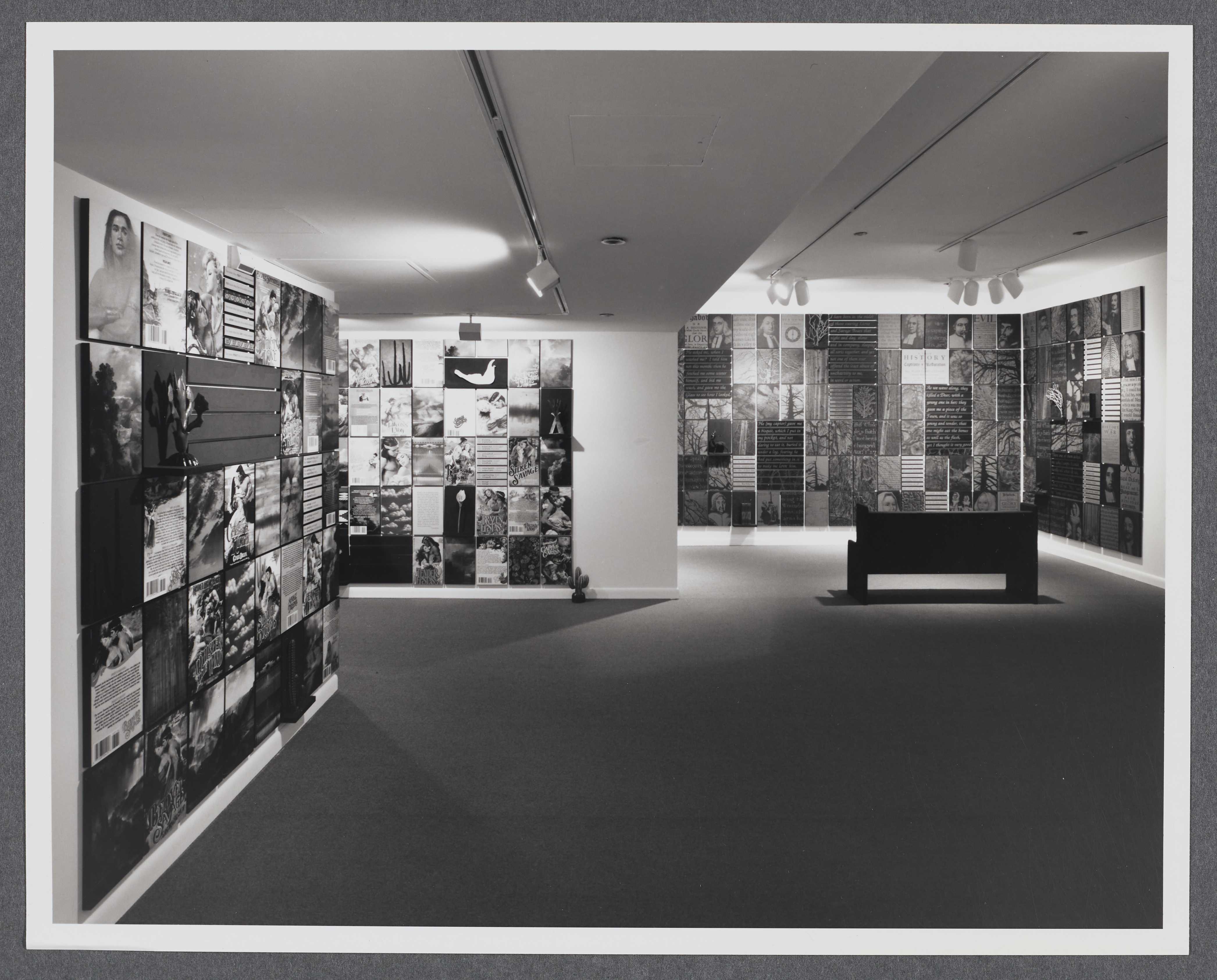 A grid of photographs of historical portraits, documents, and nature images extend across all of the gallery walls.