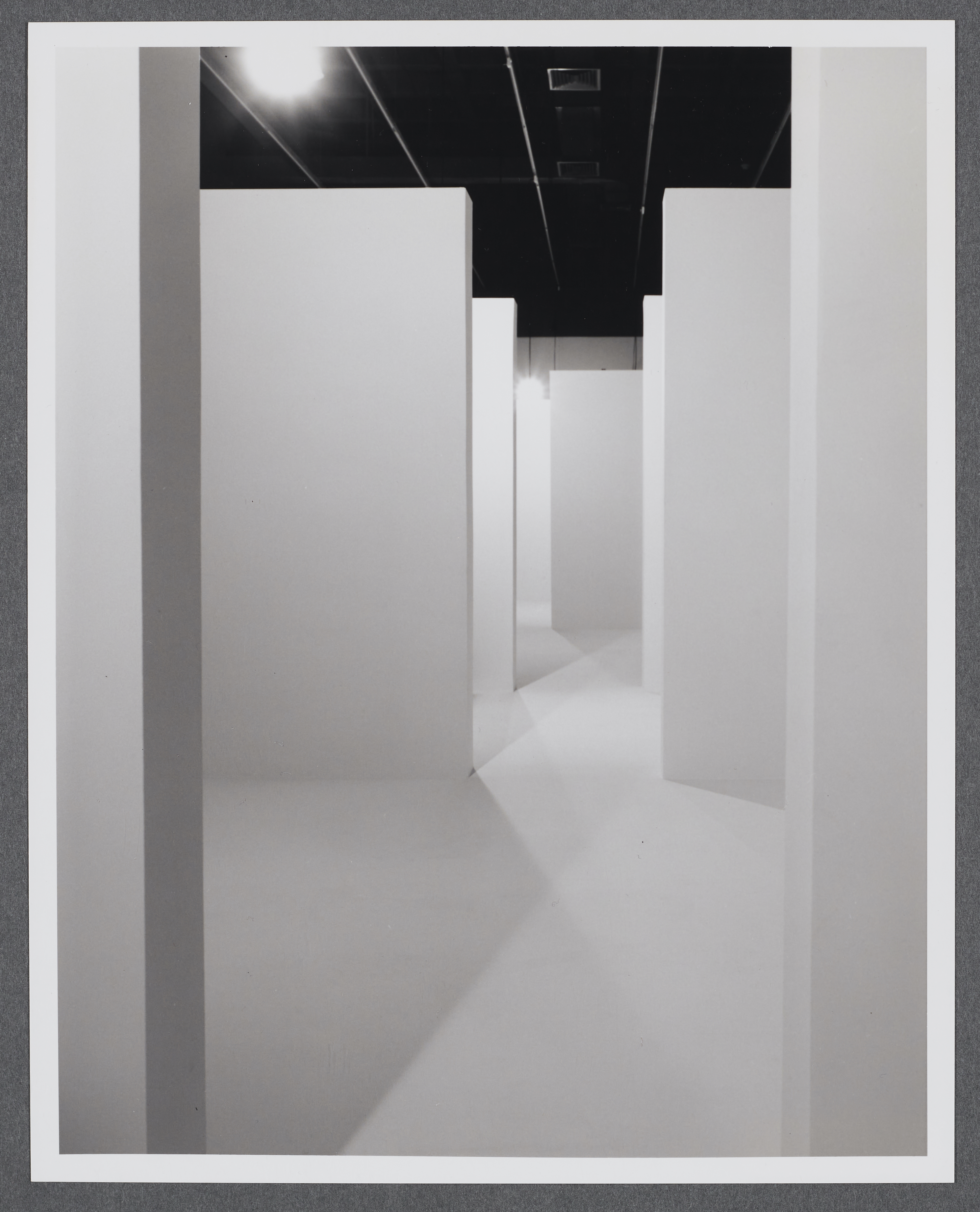 An inside view of the multi-chambered space where white walls form openings that allow visitors to weave through.