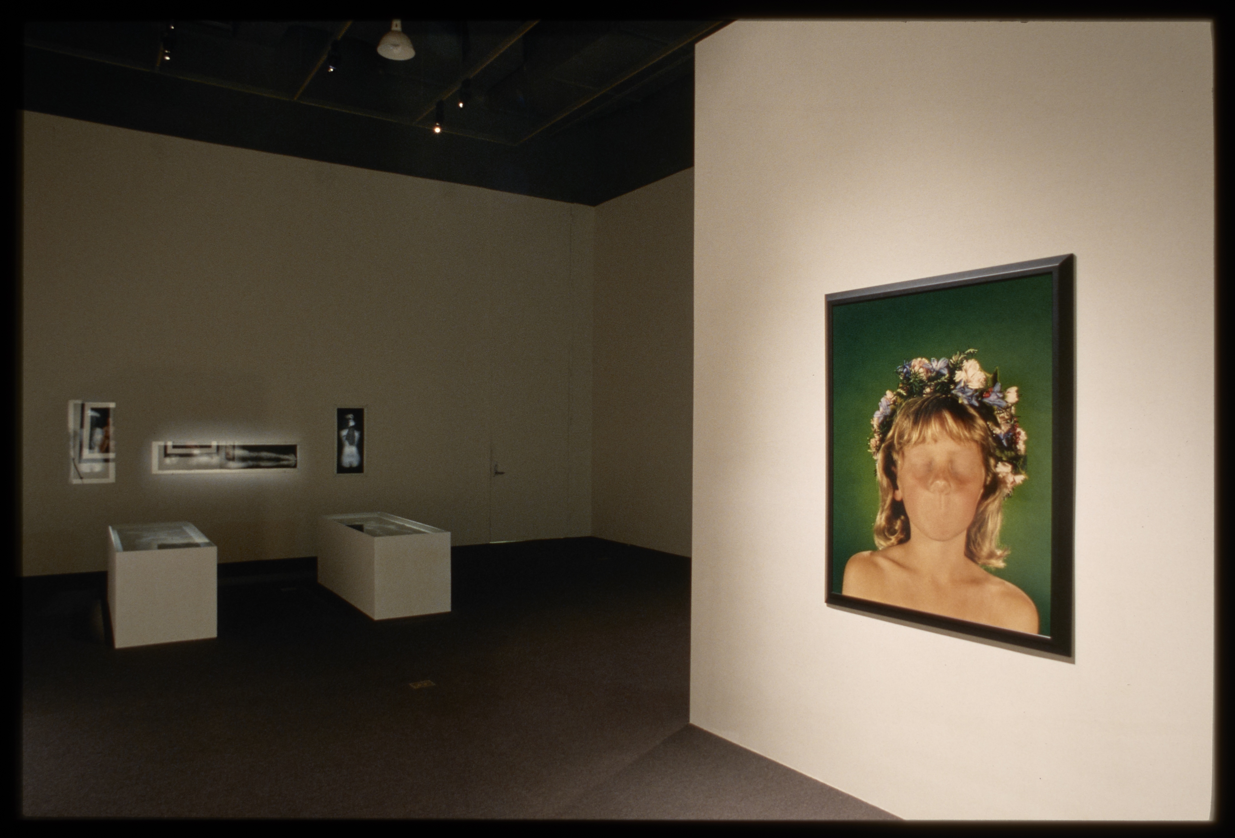 Black and white images on left, on right is headshot of girl without eyes or mouth wearing flower crown with green background.