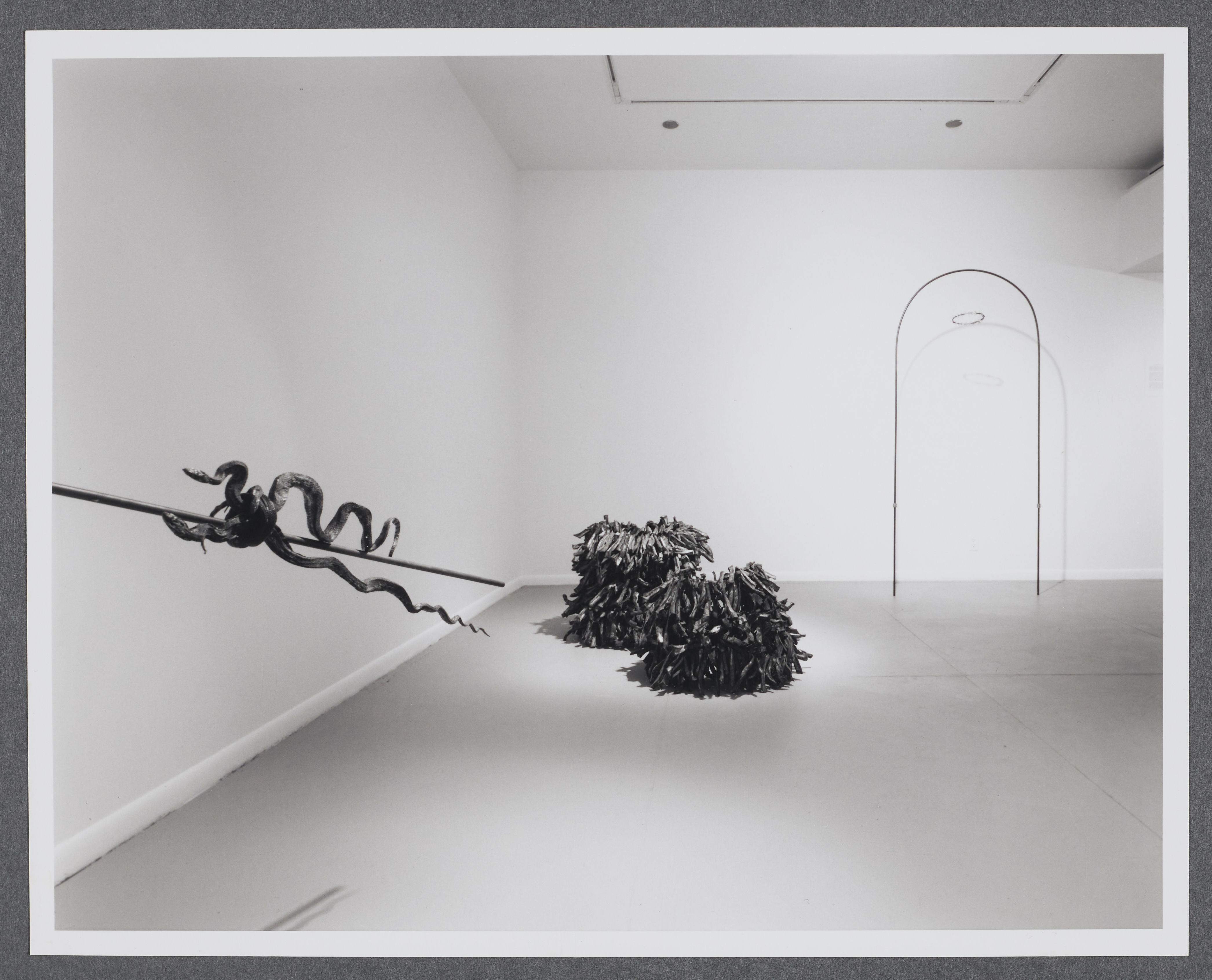 A sculpture of preserved snakes is entwined around a pole on the wall. The pole directs attention to other works in the room.