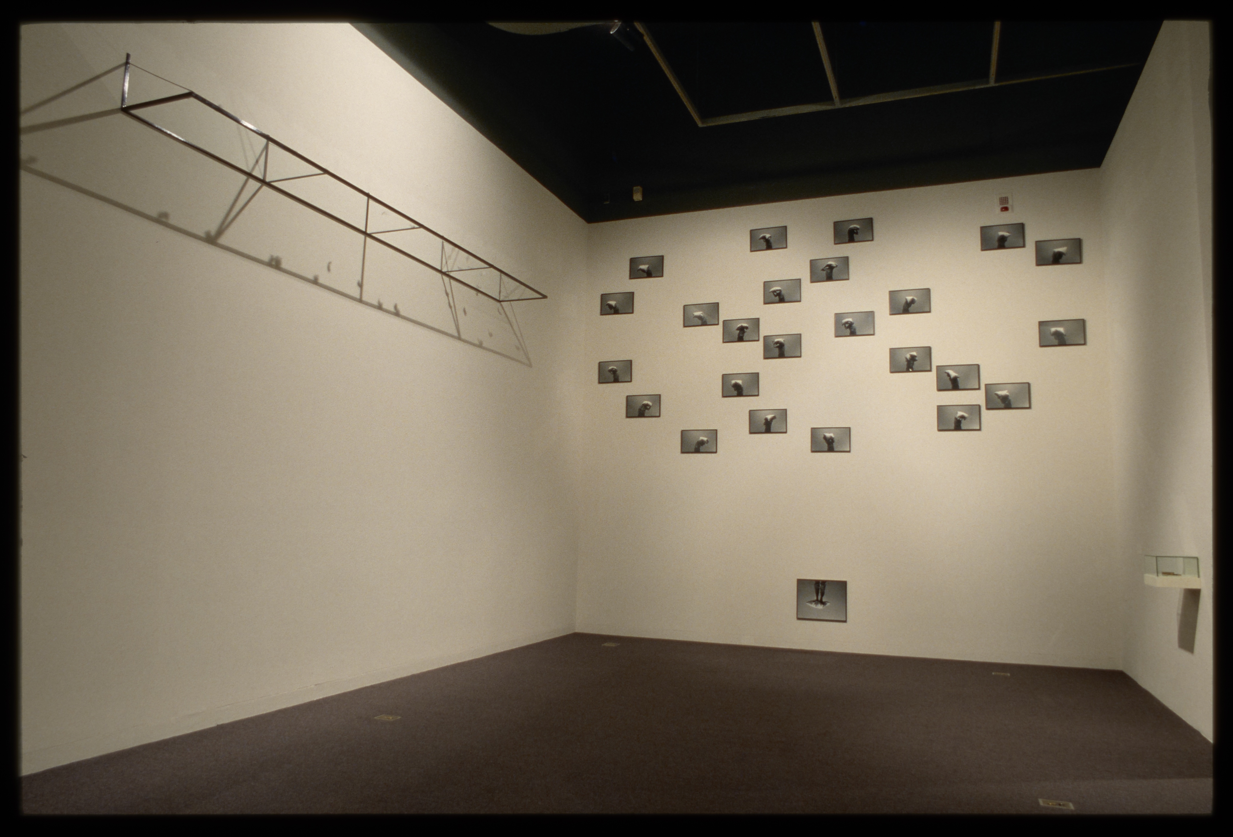 Metal and glass shelf hangs high on right wall, 25 scattered photos of person hangs on center wall, small item in glass box on right wall.