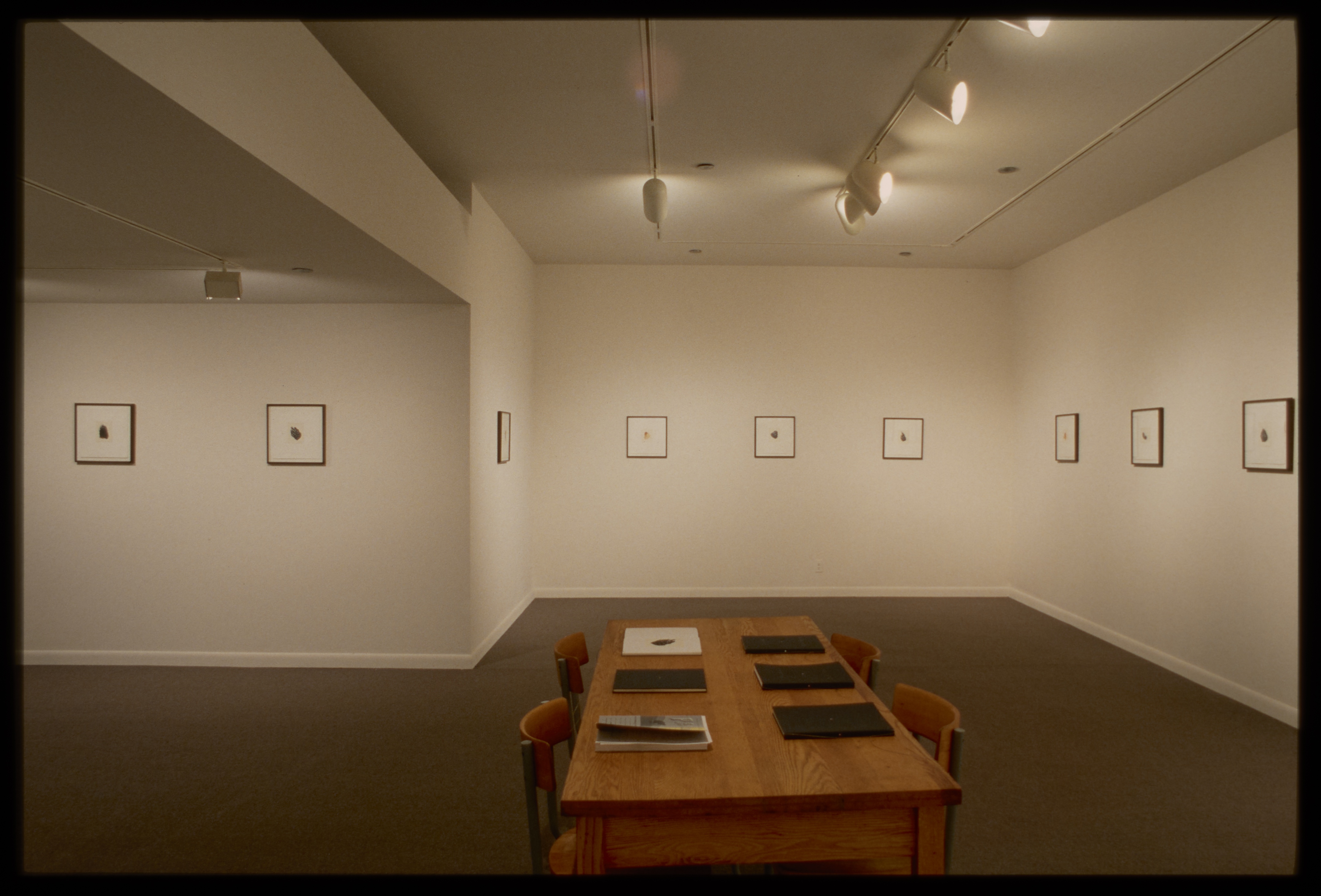 Wooden table with six books sits in front of nine same sized framed drawings with white background and small shape in middle.