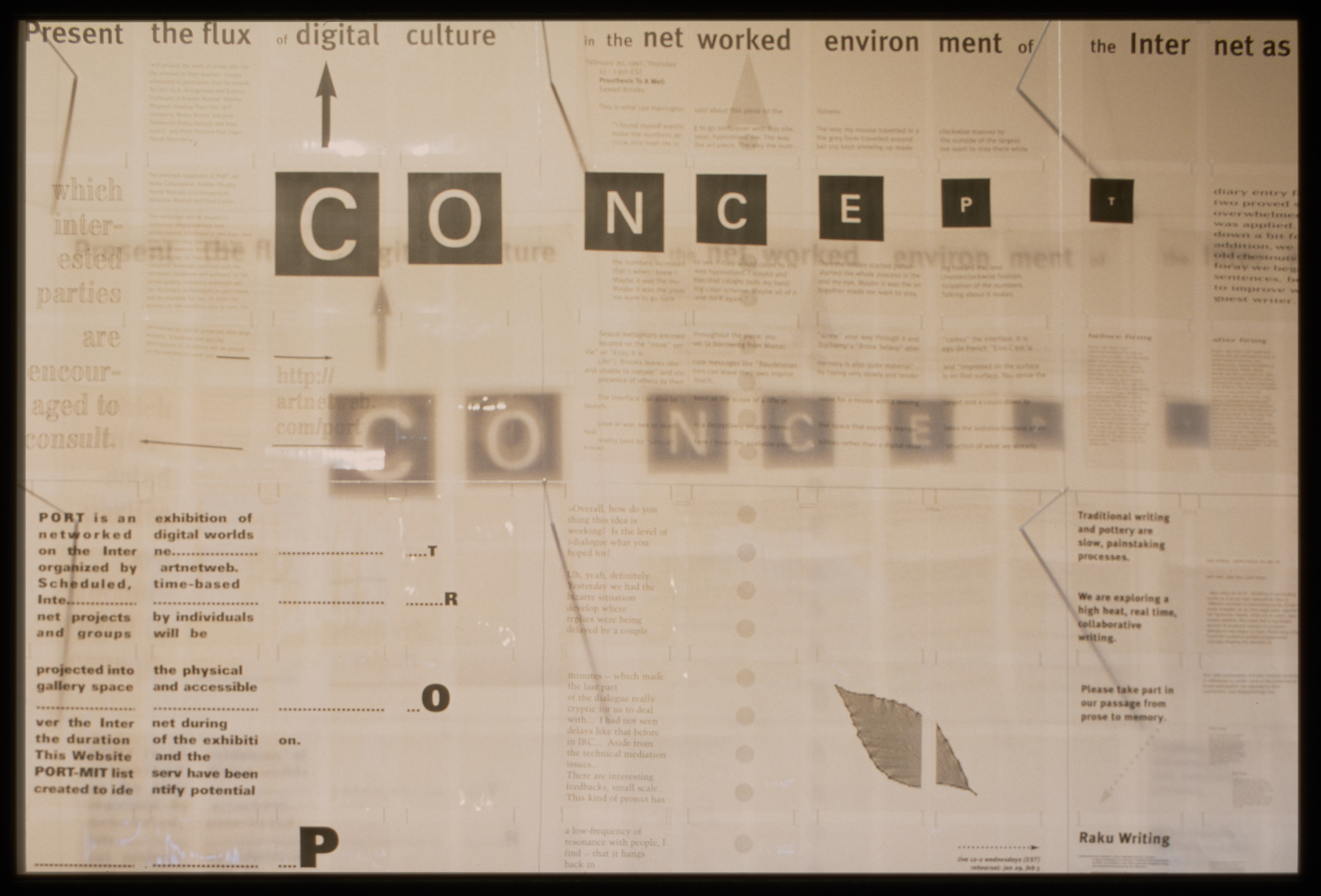 Detail of a black and white collage of text.