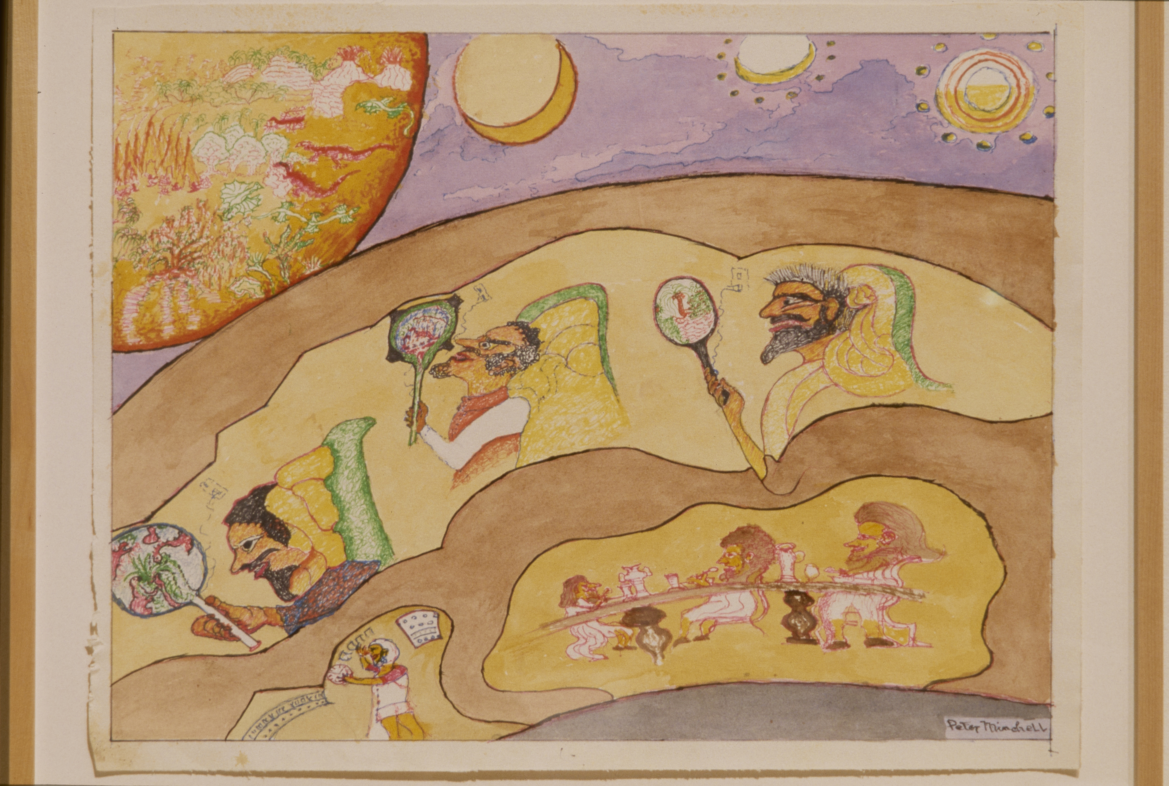 Male figures, flora and fauna rendered in yellows, green, orange, red occupy planets next to celestial orbs in a purple sky.