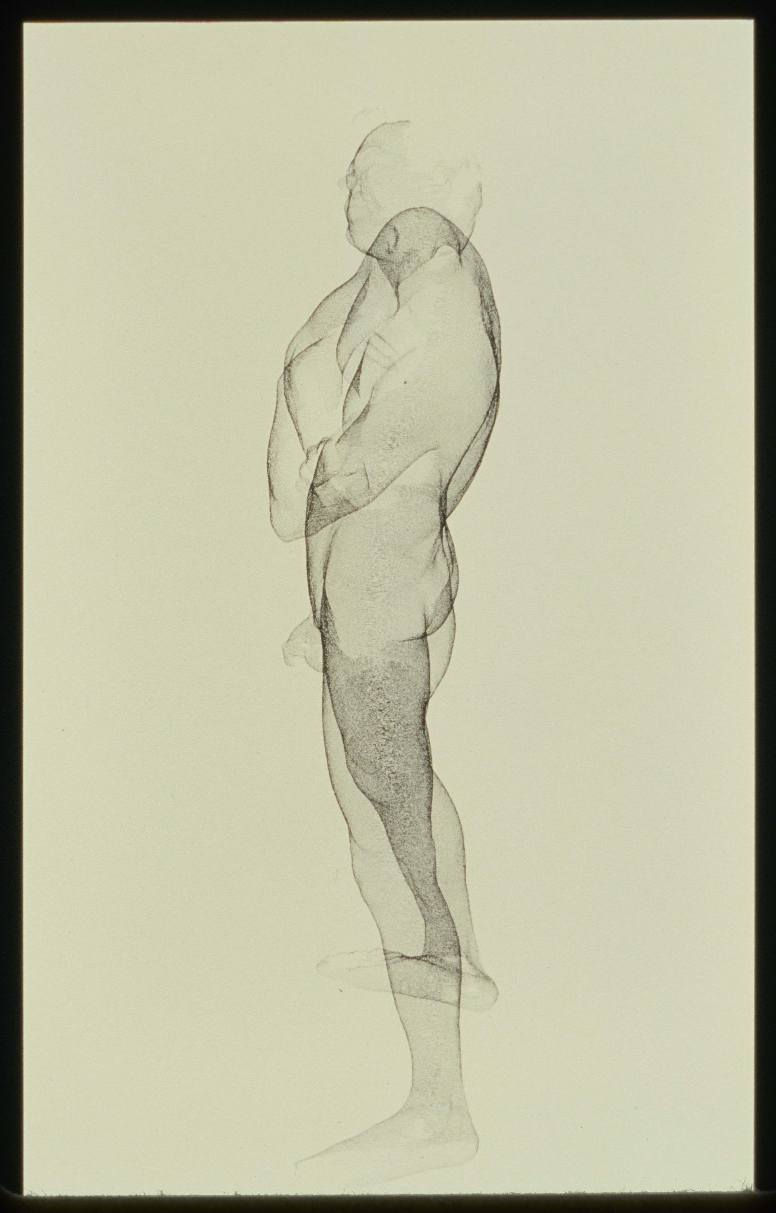 Pencil drawing of an abstracted human form standing in profile.