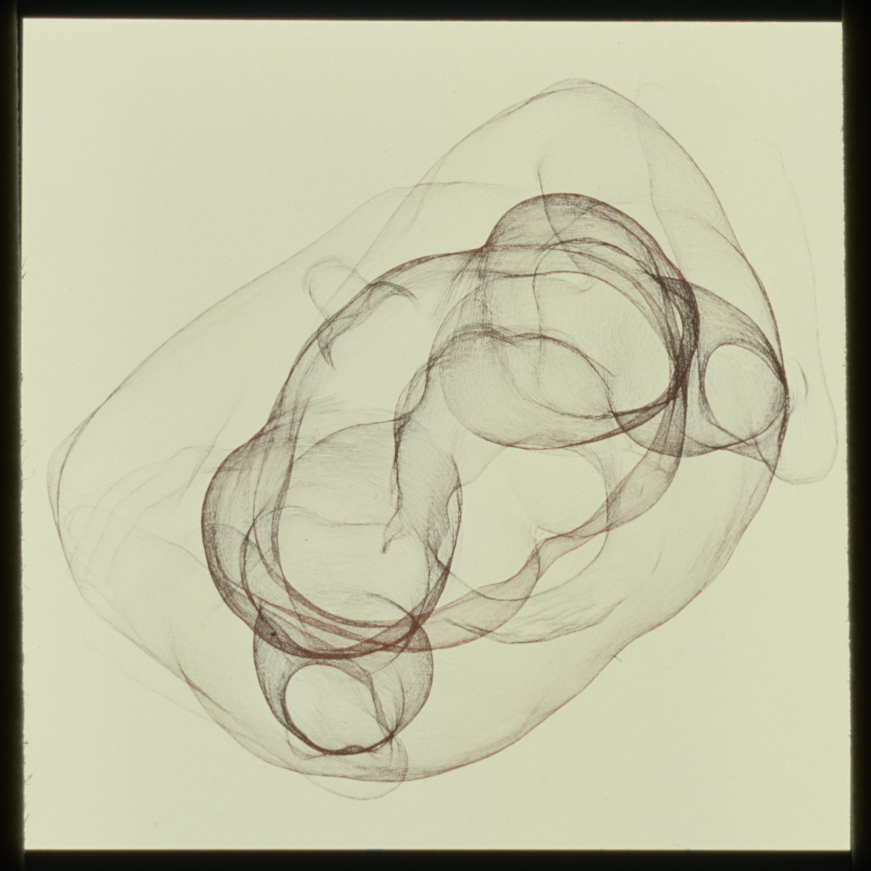 Abstract Pencil drawing ofround images inside a rectangle.