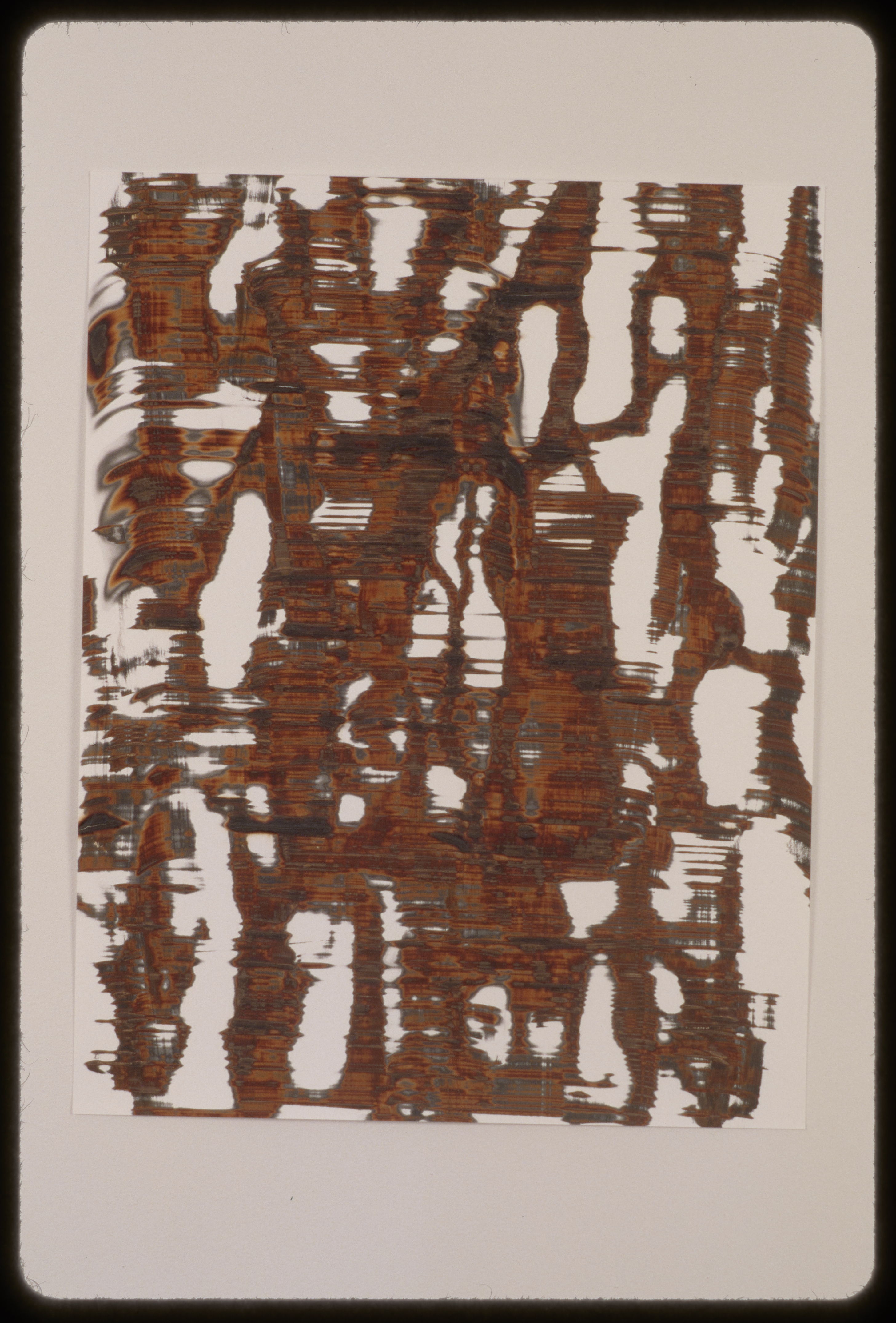 Brown bars and stripes, broken through and agitated by silver green marks and linear lines running through them.