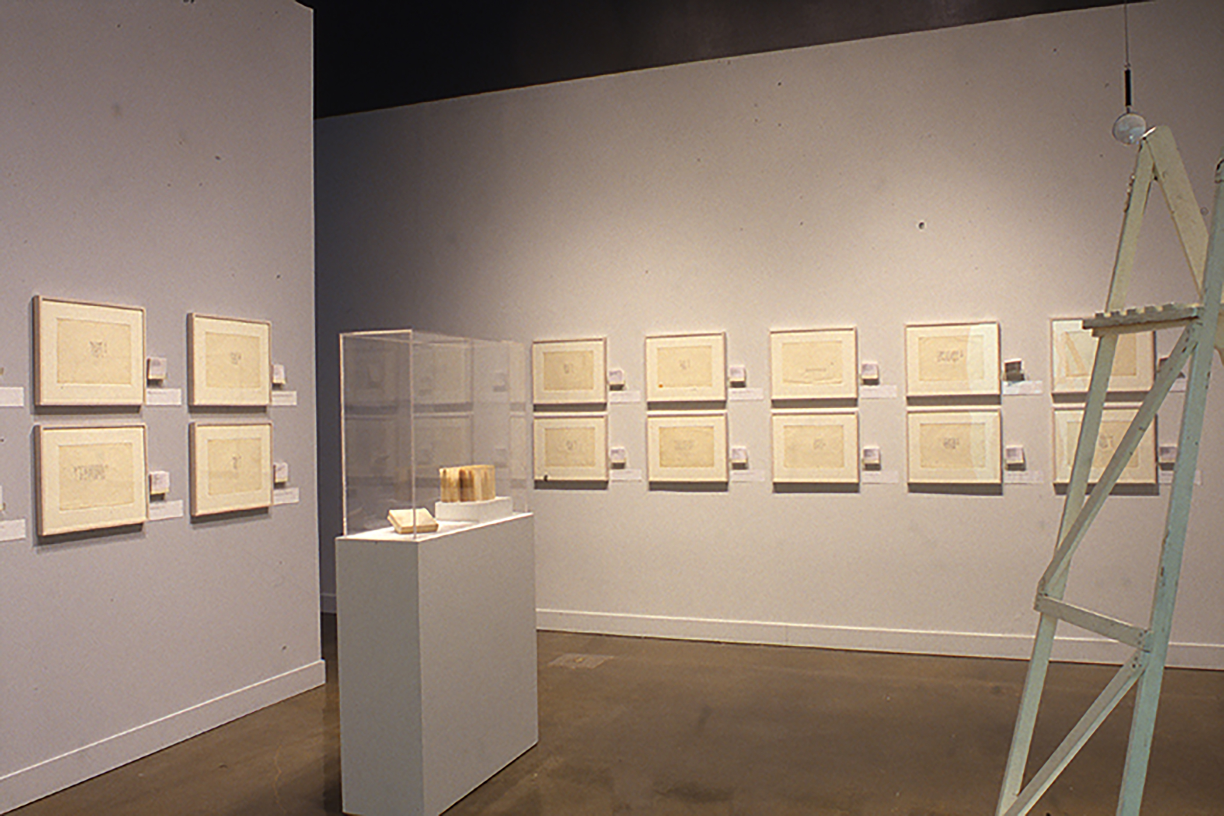 Cream colored prints line the walls in two rows with a vitrine display placed in front of them. A white ladder disappears into the right corner.