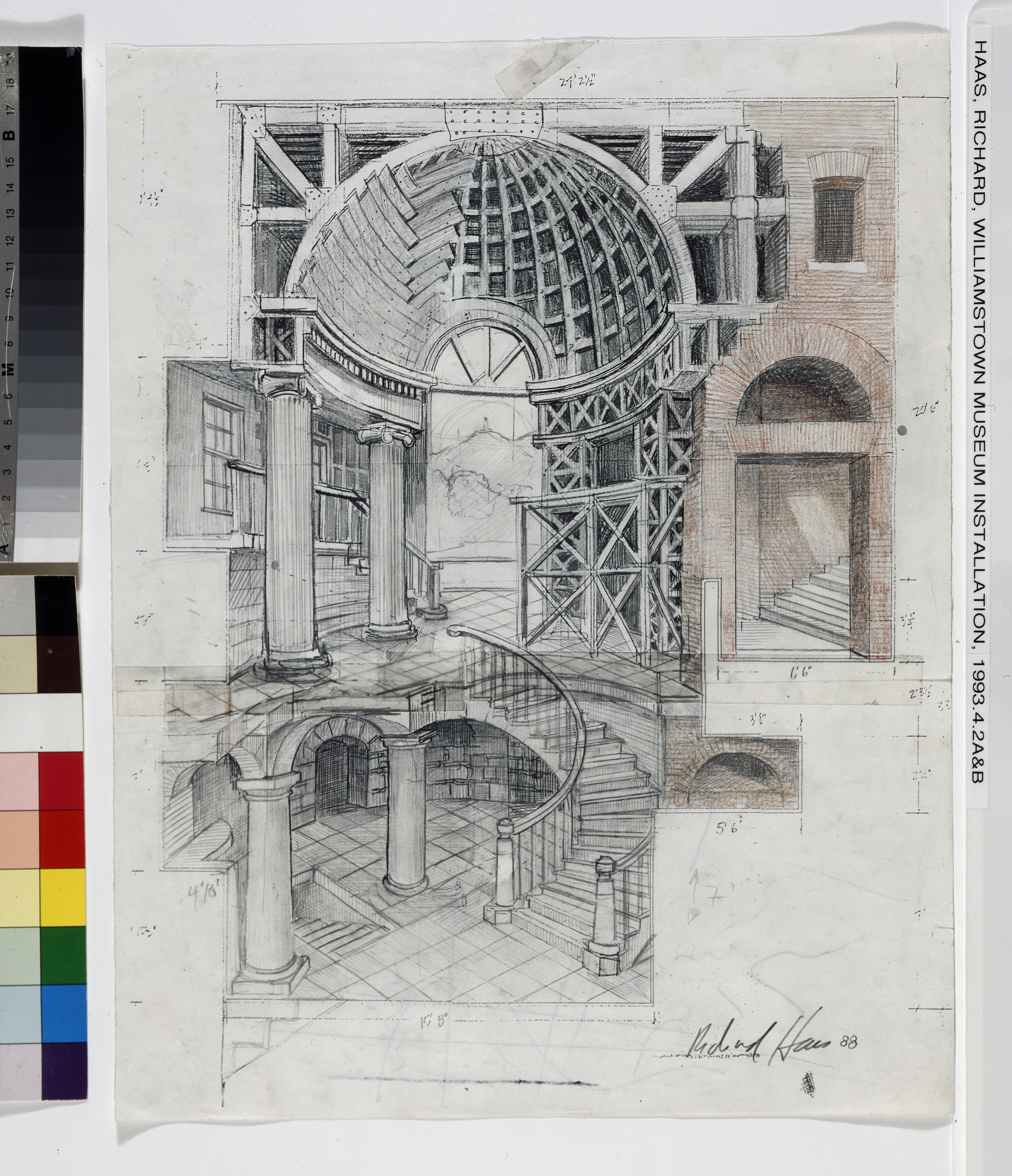 Architectural drawing of the Williams College Museum of Art. Small boxes of color line the left side of the image
