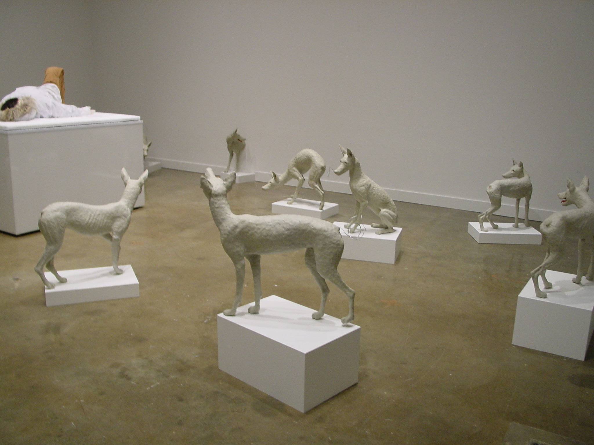 Several sculptures of posed wolves atop white pedestals. In the back right corner, a larger pedestal and sculpture