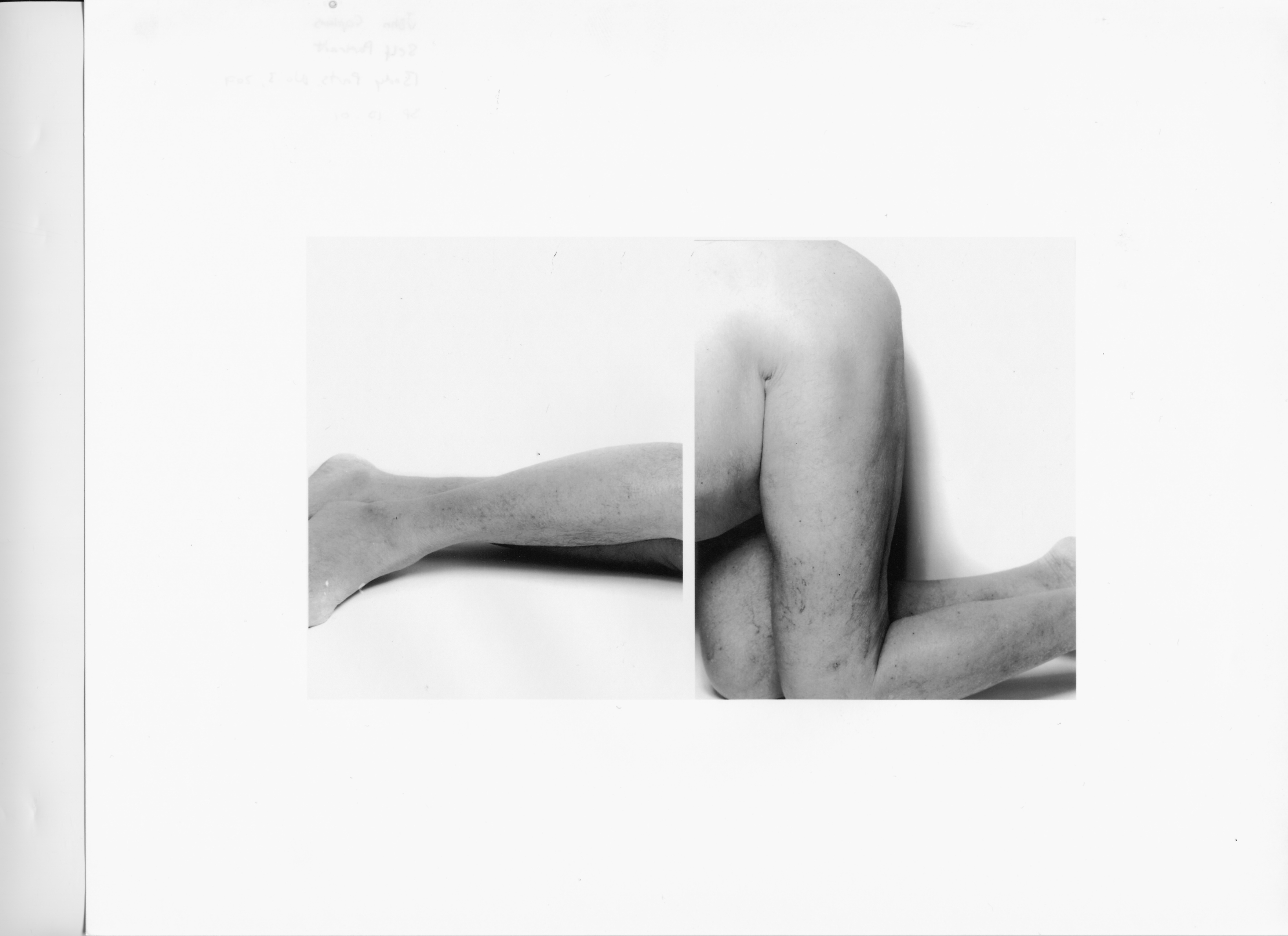 Two intimate black and white photos displayed side by side of a person’s nude legs, viewed together shape an abstract form.