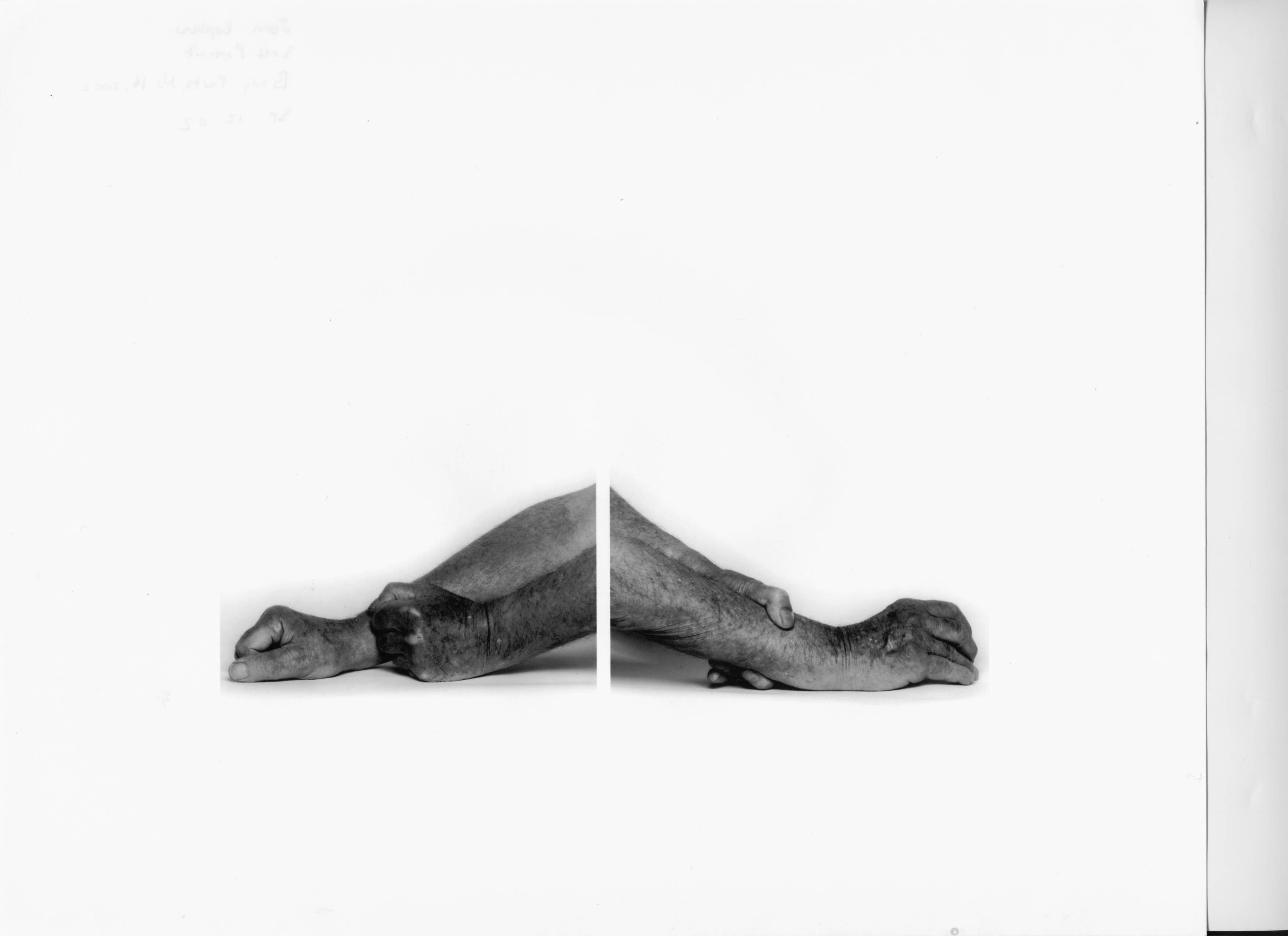 Two black and white photos displayed together of a person’s forearms and hands, facing opposite directions, blend together.