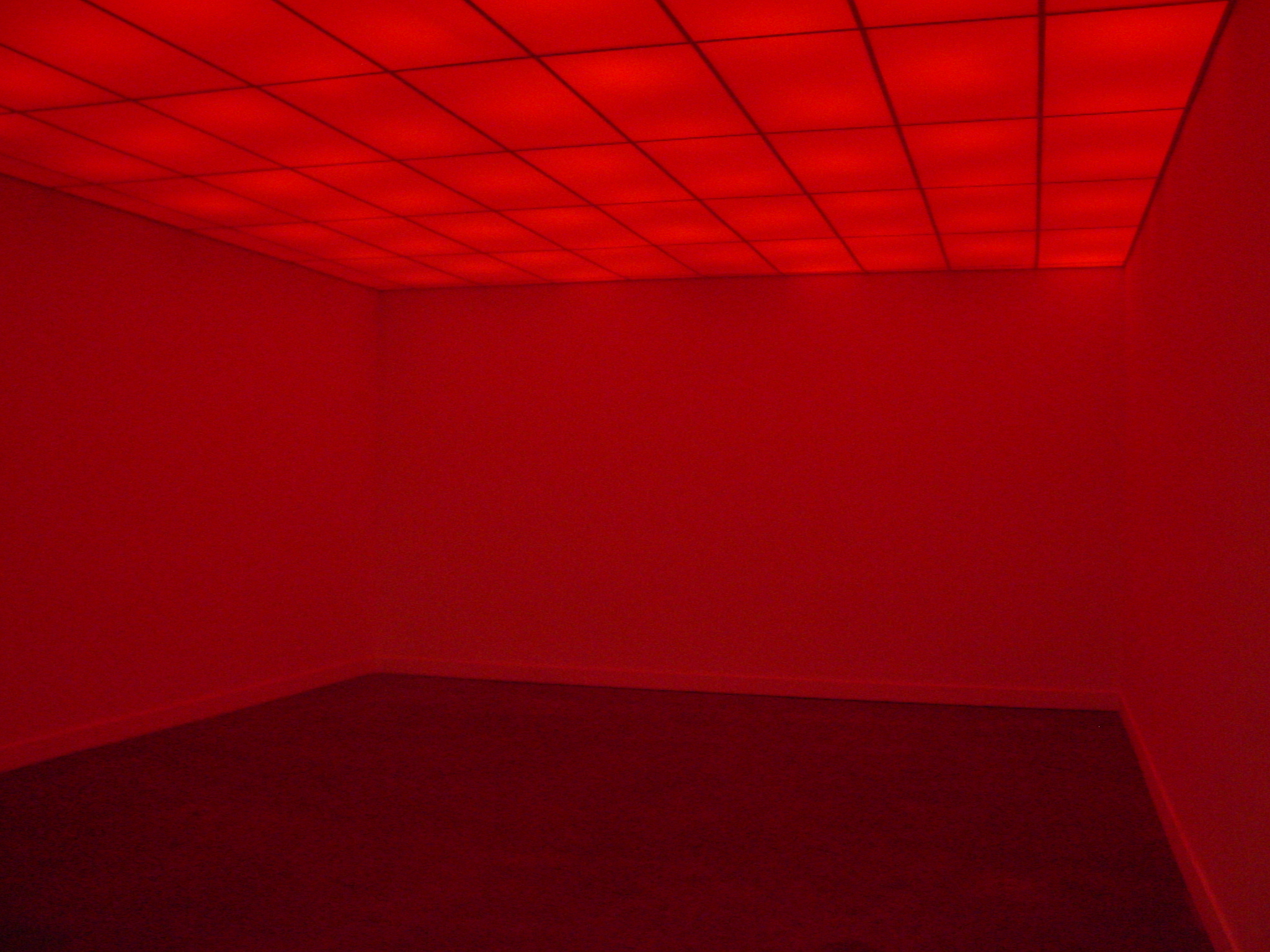 A tiled ceiling lights an empty room and fills the space with a red hue.