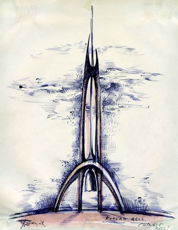 An ink sketch of a sculpture meant to sit atop the MIT Bell Tower. It is crosshatched with red and blue ink.